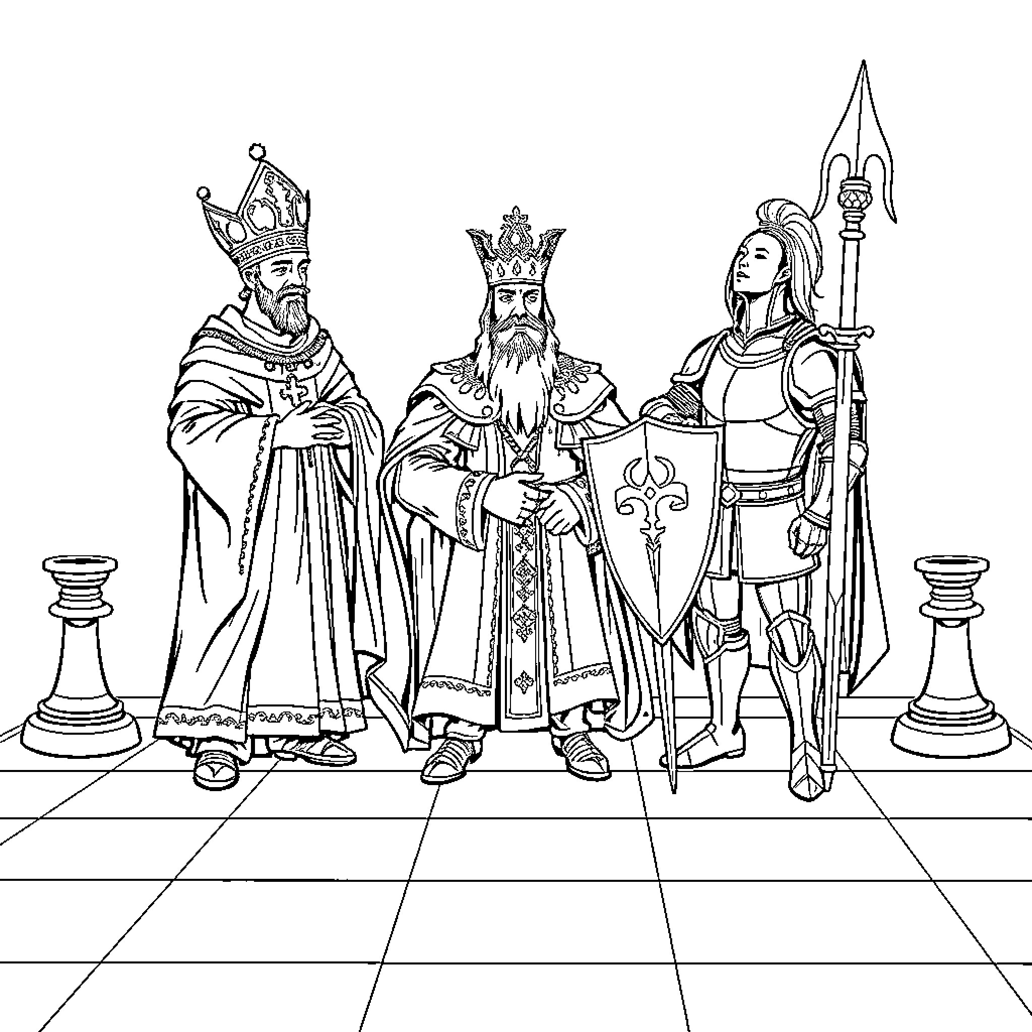 Chess characters in medieval attire Coloring Page (free black-and-white line drawing printable PDF for all, from beginners to advanced learners, including children, teens, adults, and seniors)