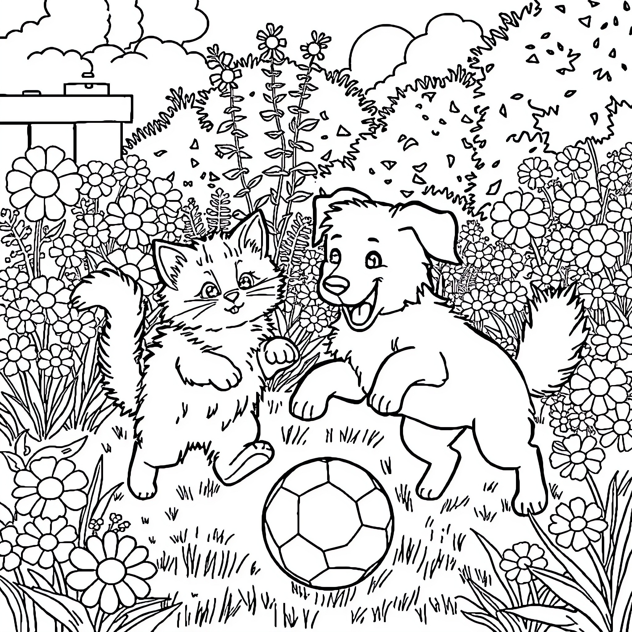 Cat and dog playing in the garden Coloring Page (free black-and-white line drawing printable PDF for all, from beginners to advanced learners, including children, teens, adults, and seniors)