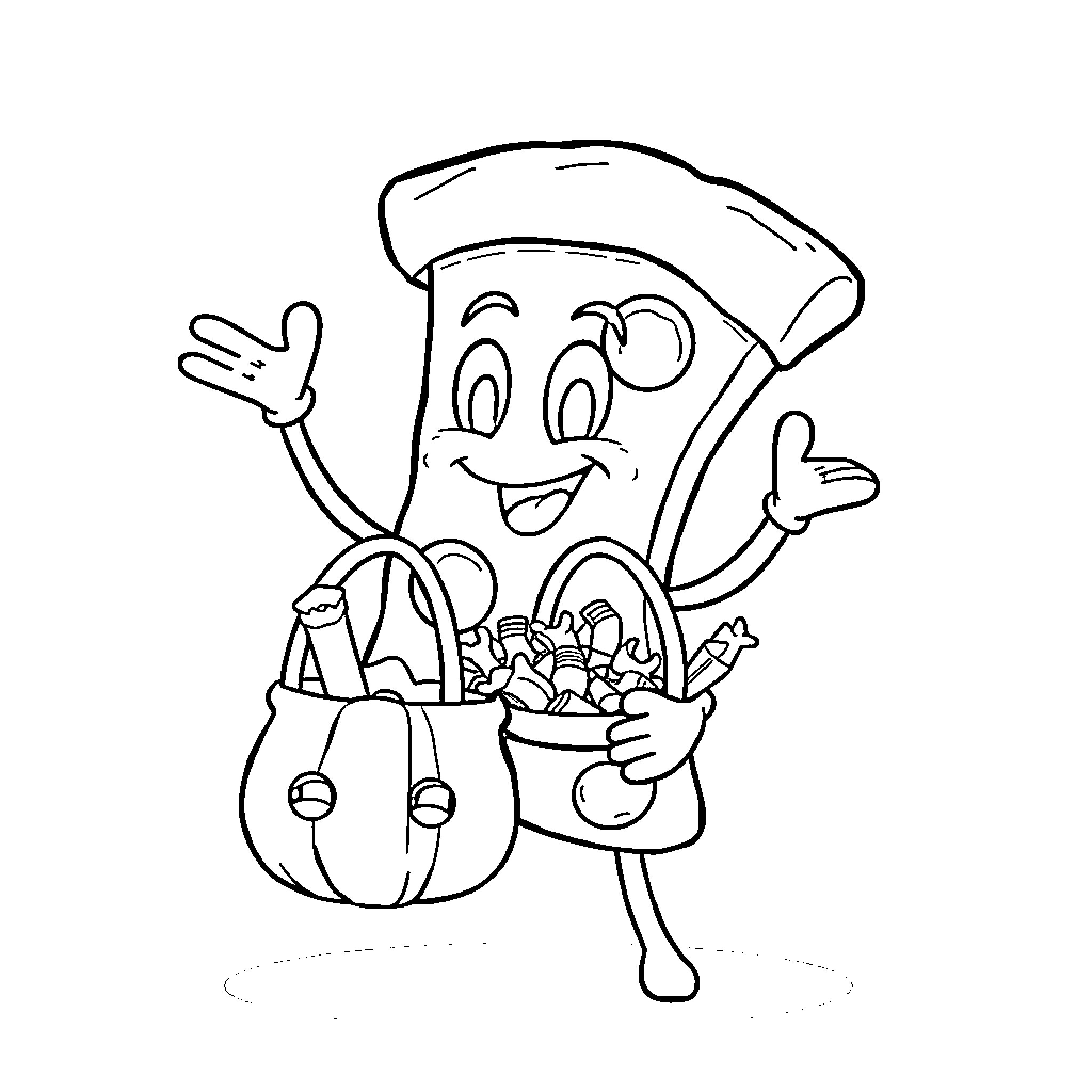 Pizza Delivery Person with Candy Bag Coloring Page (free black-and-white line drawing printable PDF for all, from beginners to advanced learners, including children, teens, adults, and seniors)