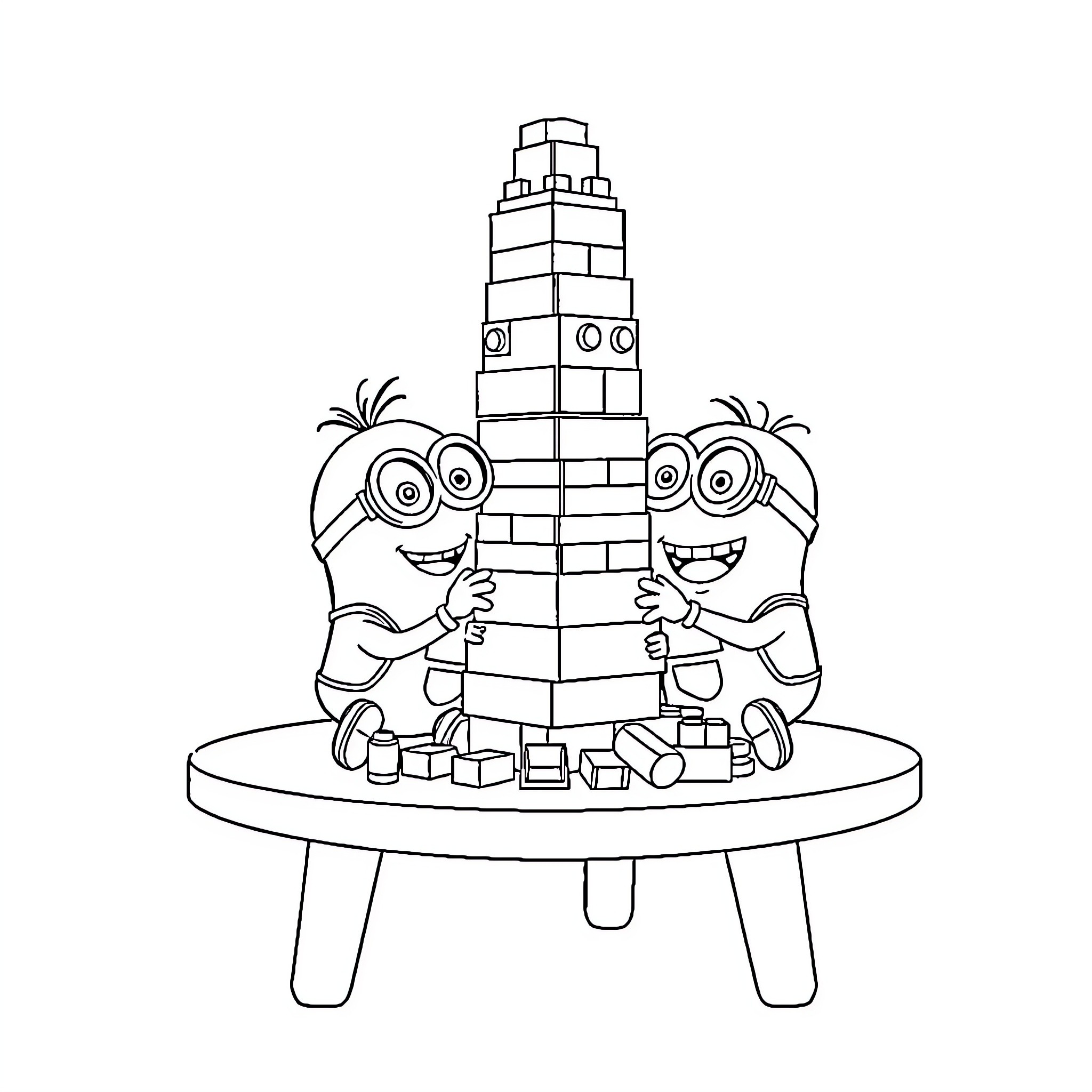 Minions building a tower of blocks Coloring Page (free black-and-white line drawing printable PDF for all, from beginners to advanced learners, including children, teens, adults, and seniors)