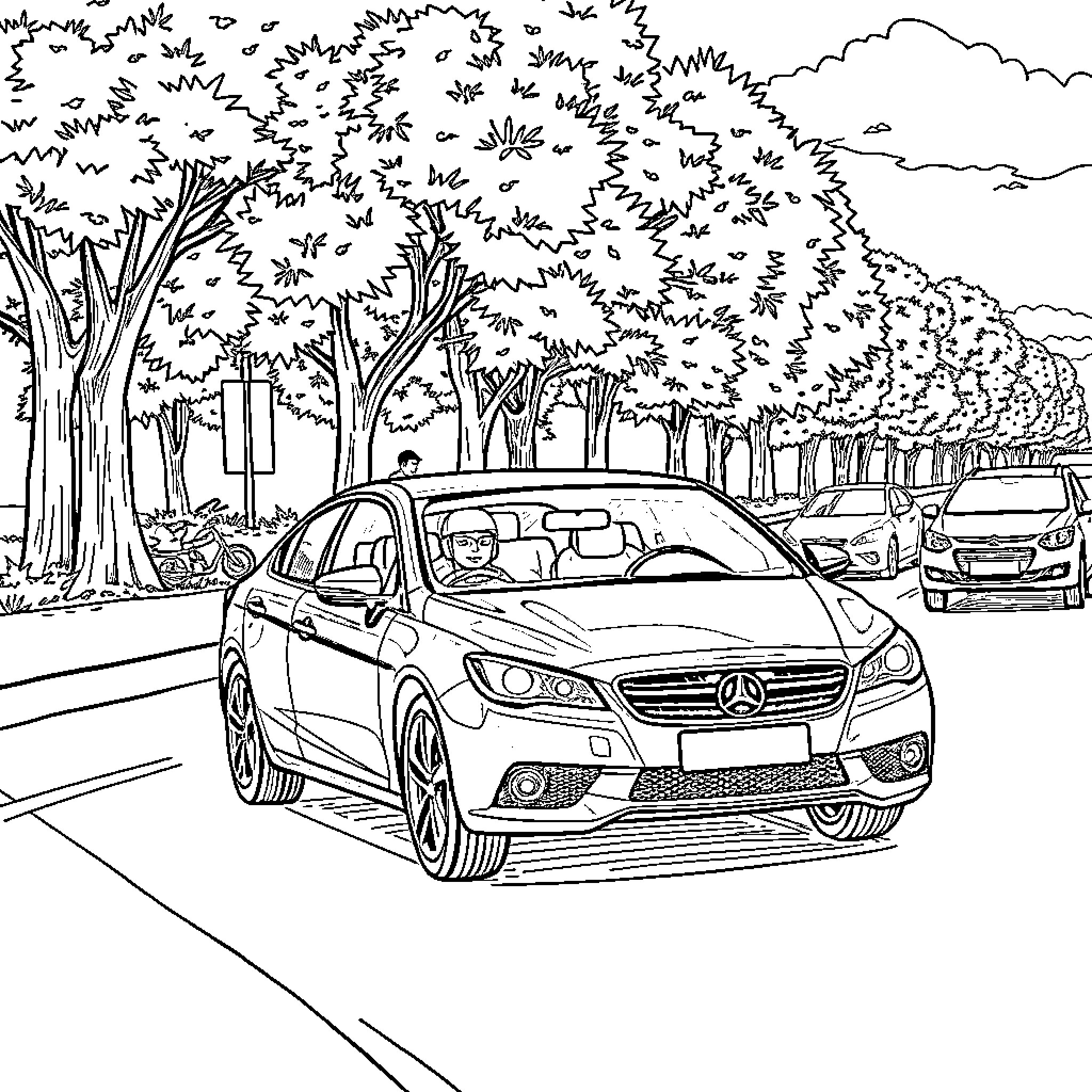 Person driving a car on a road through a park Coloring Page (free black-and-white line drawing printable PDF for all, from beginners to advanced learners, including children, teens, adults, and seniors)