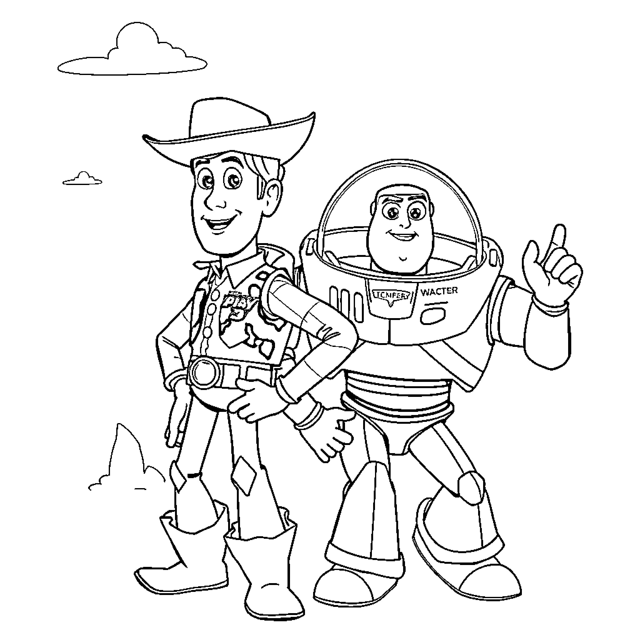 Woody and Buzz Lightyear's Animated Adventure Coloring Page (free black-and-white line drawing printable PDF for all, from beginners to advanced learners, including children, teens, adults, and seniors)