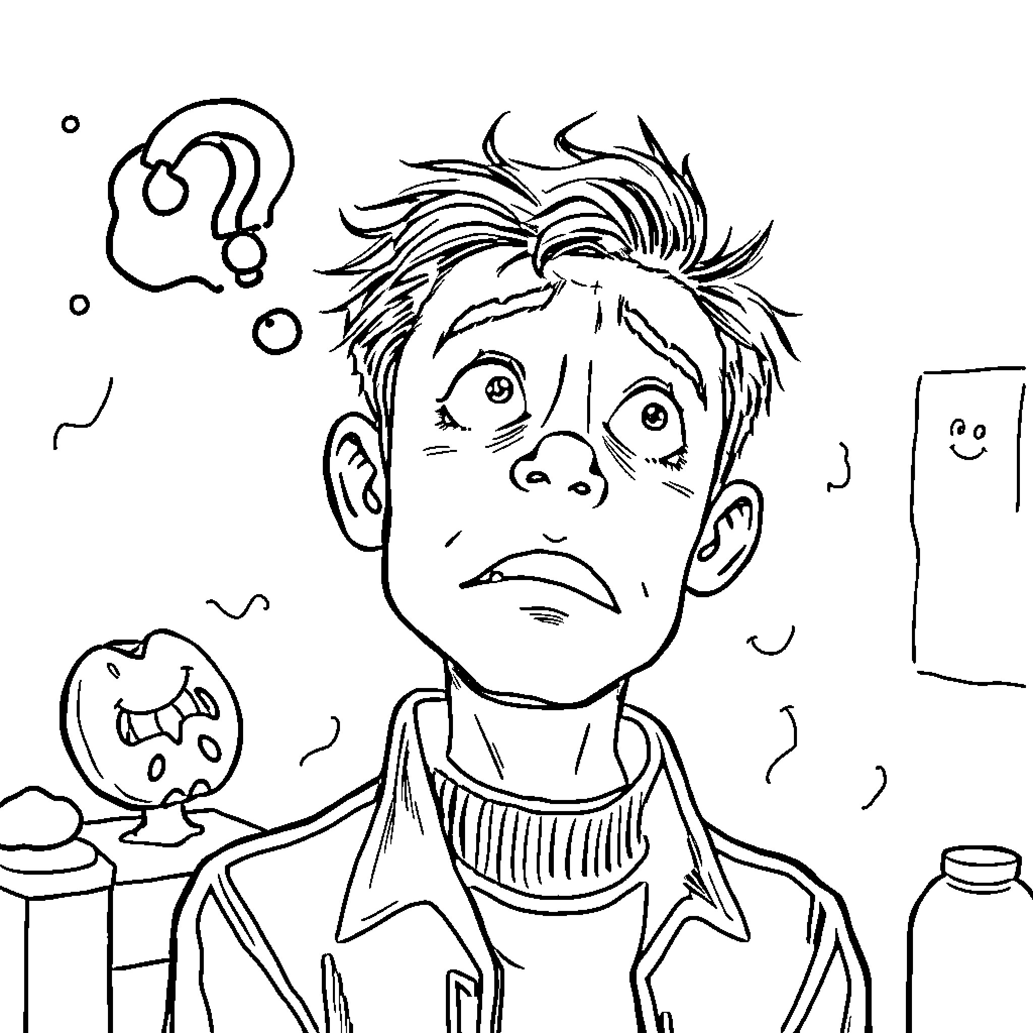 Tooth Trouble for Confused Boy in Messy Room Coloring Page (free black-and-white line drawing printable PDF for all, from beginners to advanced learners, including children, teens, adults, and seniors)