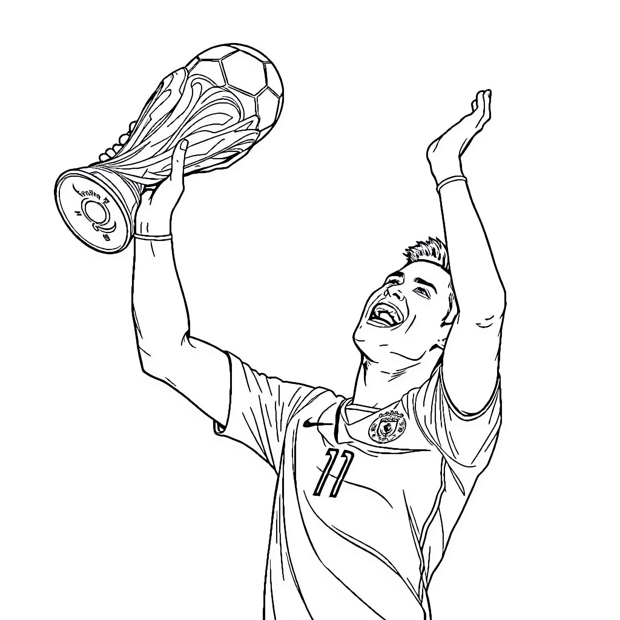 Cristiano Ronaldo celebrating with trophy Coloring Page (free black-and-white line drawing printable PDF for all, from beginners to advanced learners, including children, teens, adults, and seniors)