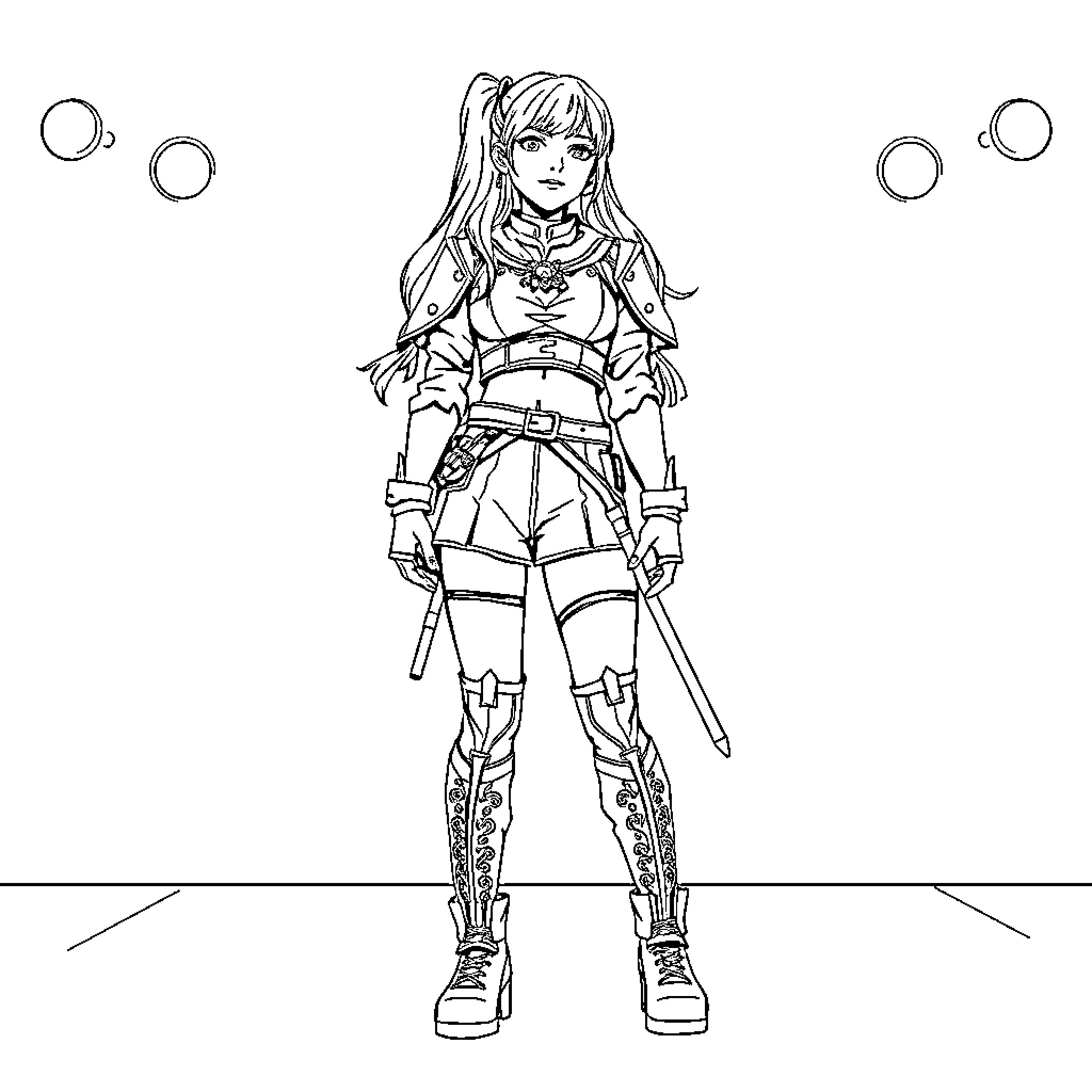 Rumi, the Brave Warrior in Training Coloring Page (free black-and-white line drawing printable PDF for all, from beginners to advanced learners, including children, teens, adults, and seniors)