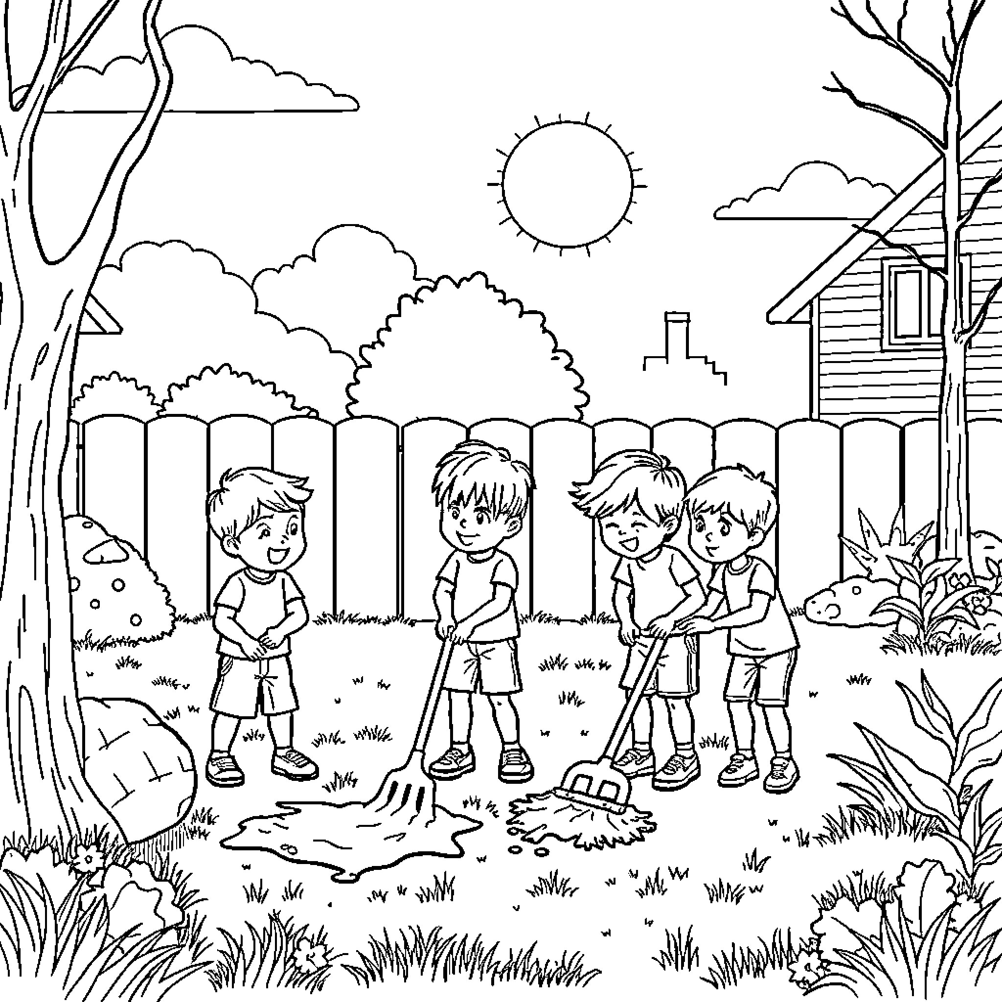 Kids Playing in Outdoor Scene Coloring Page (free black-and-white line drawing printable PDF for all, from beginners to advanced learners, including children, teens, adults, and seniors)