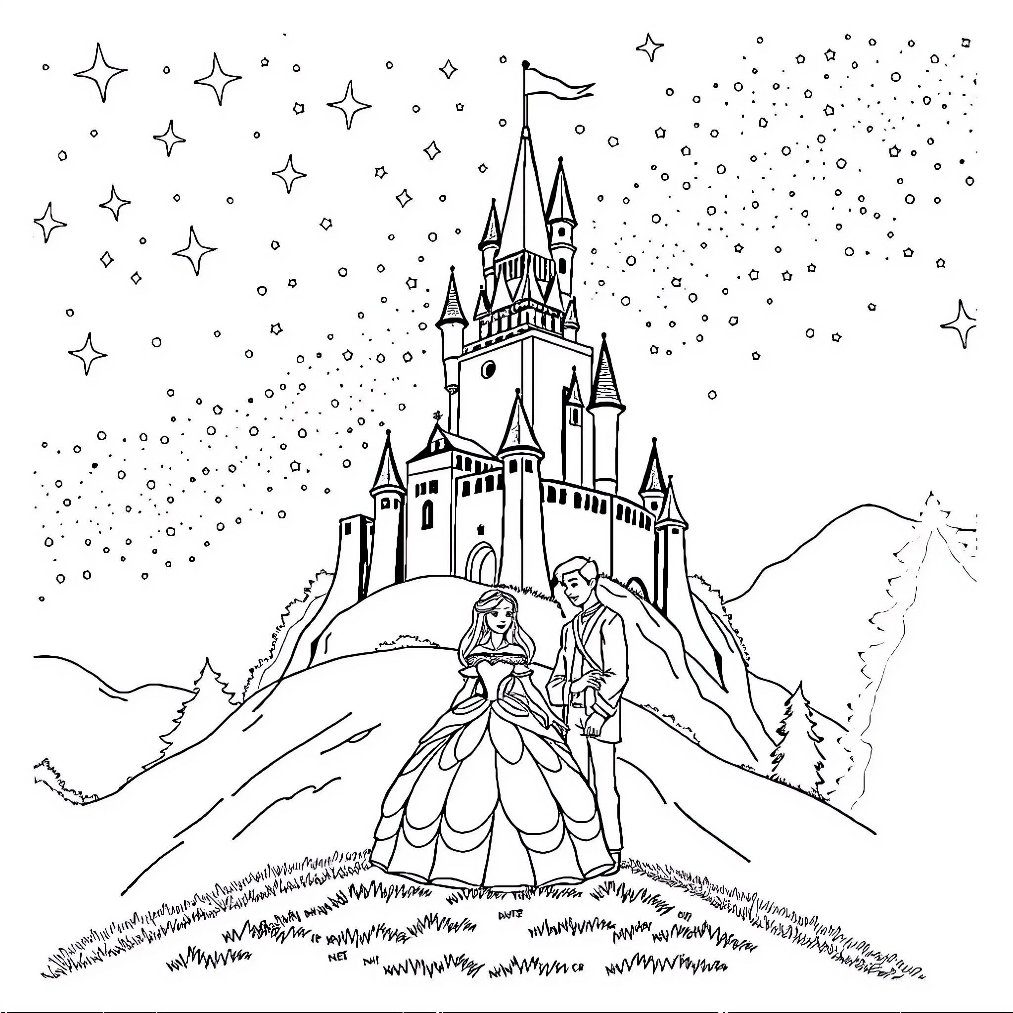 Castle of Fairy Tale Couple in Starry Night Coloring Page (free black-and-white line drawing printable PDF for all, from beginners to advanced learners, including children, teens, adults, and seniors)