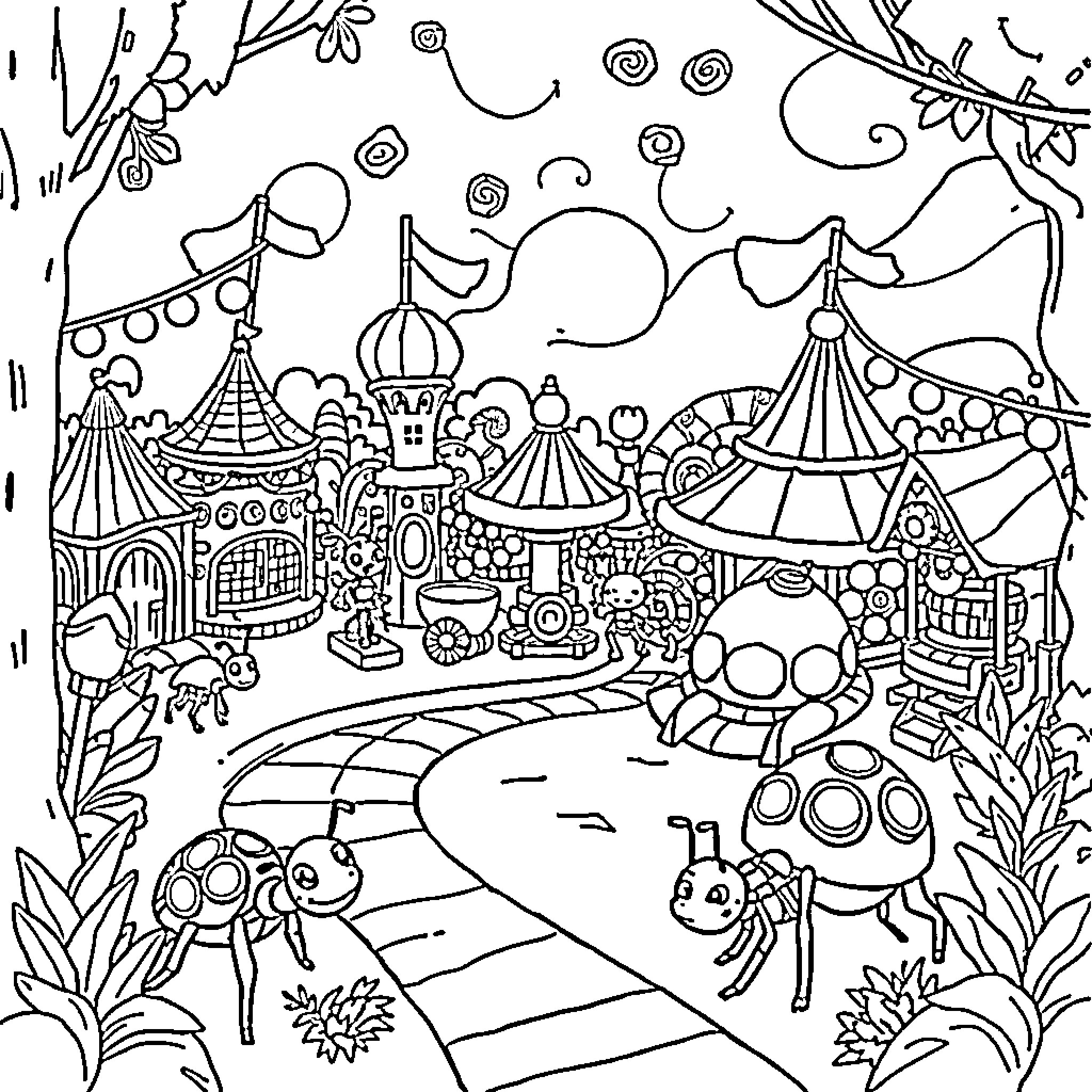 Ant Carnival in Whimsical Wonderland Coloring Page (free black-and-white line drawing printable PDF for all, from beginners to advanced learners, including children, teens, adults, and seniors)
