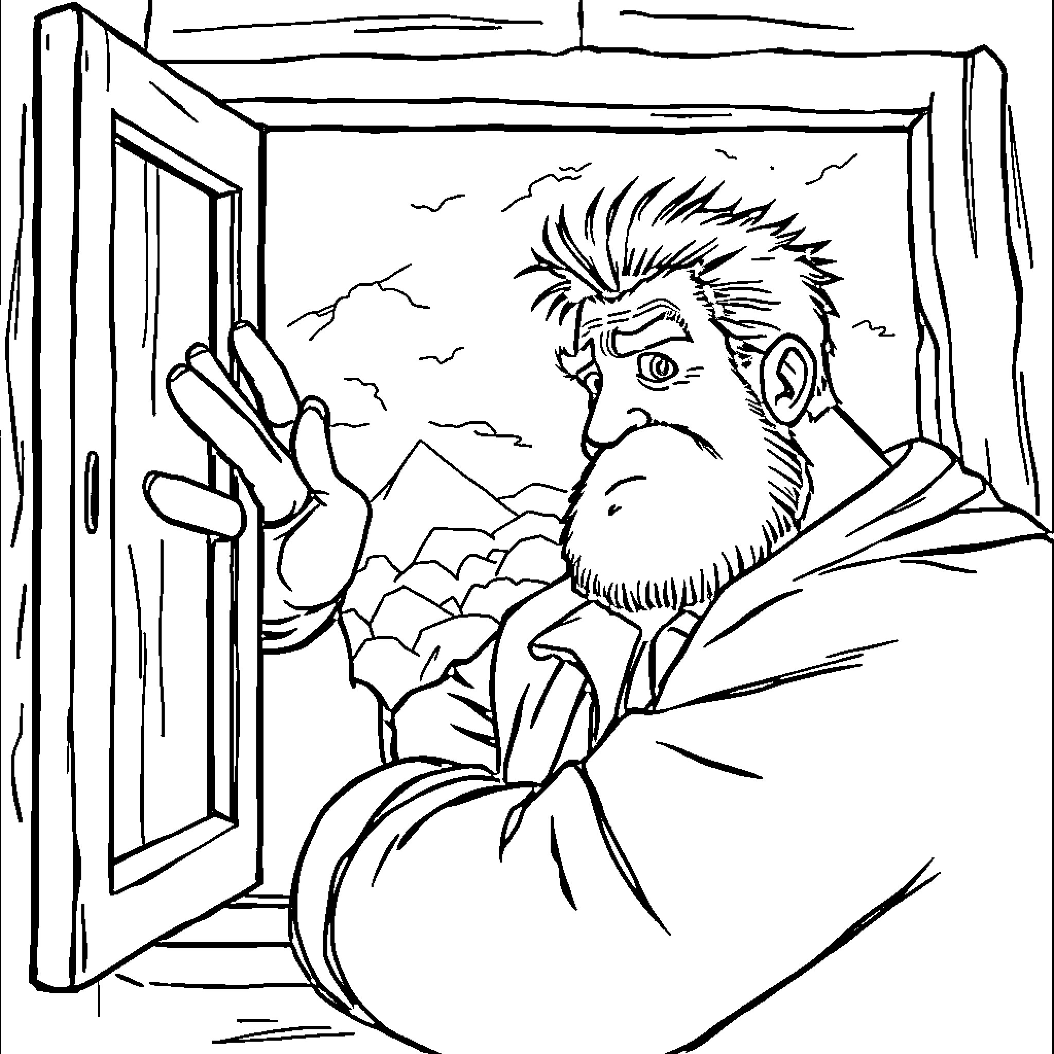 Hombre gazing through the window Coloring Page (free black-and-white line drawing printable PDF for all, from beginners to advanced learners, including children, teens, adults, and seniors)