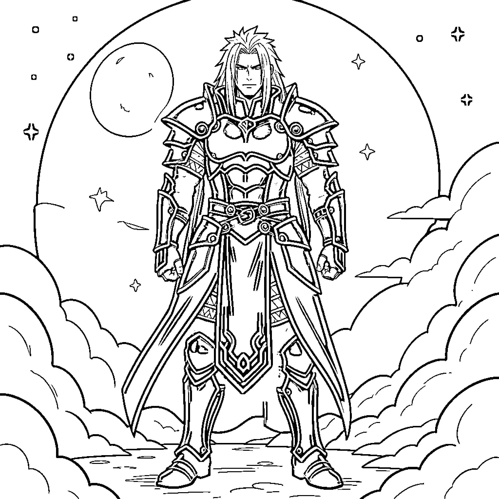 Madara in Celestial Armor Amid Starry Skies Coloring Page (free black-and-white line drawing printable PDF for all, from beginners to advanced learners, including children, teens, adults, and seniors)
