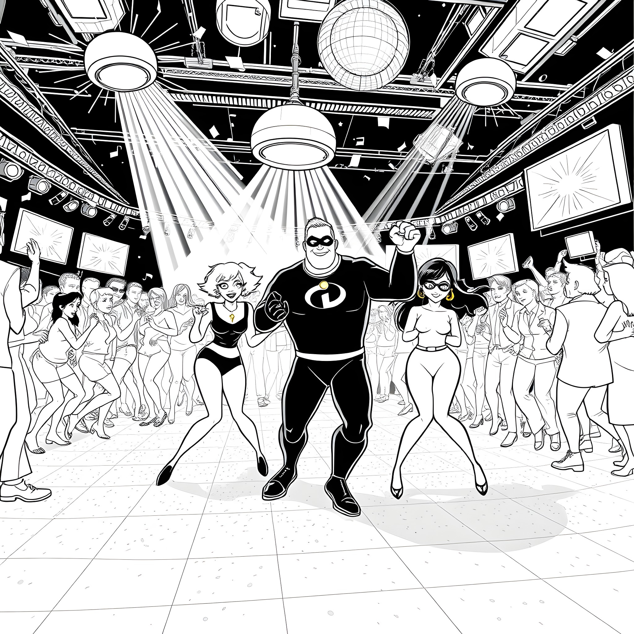 Incredibles characters dancing in a crowded party scene Coloring Page (free black-and-white line drawing printable PDF for all, from beginners to advanced learners, including children, teens, adults, and seniors)