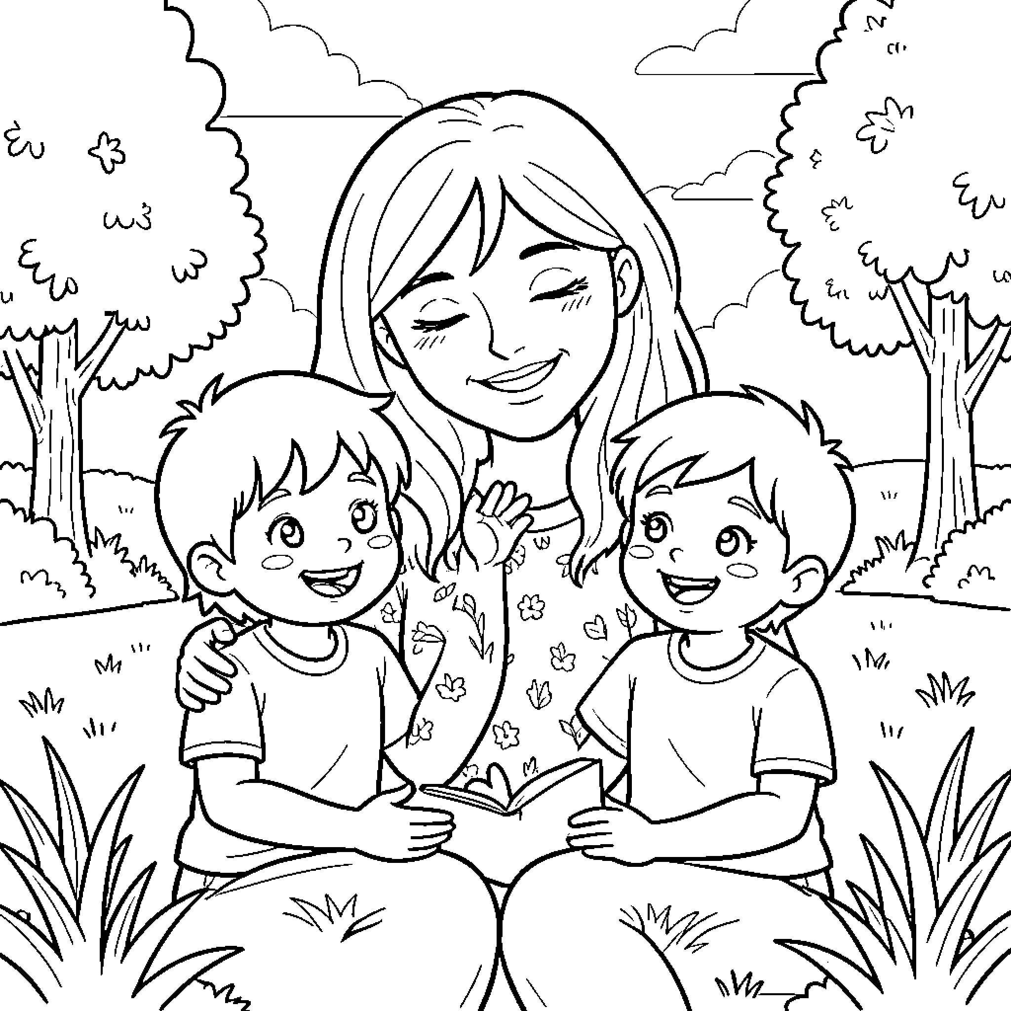 Family Enjoying Outdoor Bonding Time Coloring Page (free black-and-white line drawing printable PDF for all, from beginners to advanced learners, including children, teens, adults, and seniors)