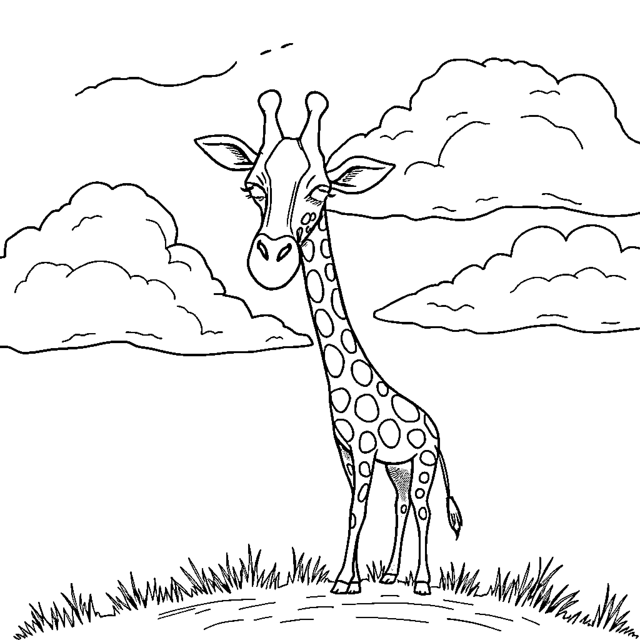 Giraffe standing tall in the clouds Coloring Page (free black-and-white line drawing printable PDF for all, from beginners to advanced learners, including children, teens, adults, and seniors)