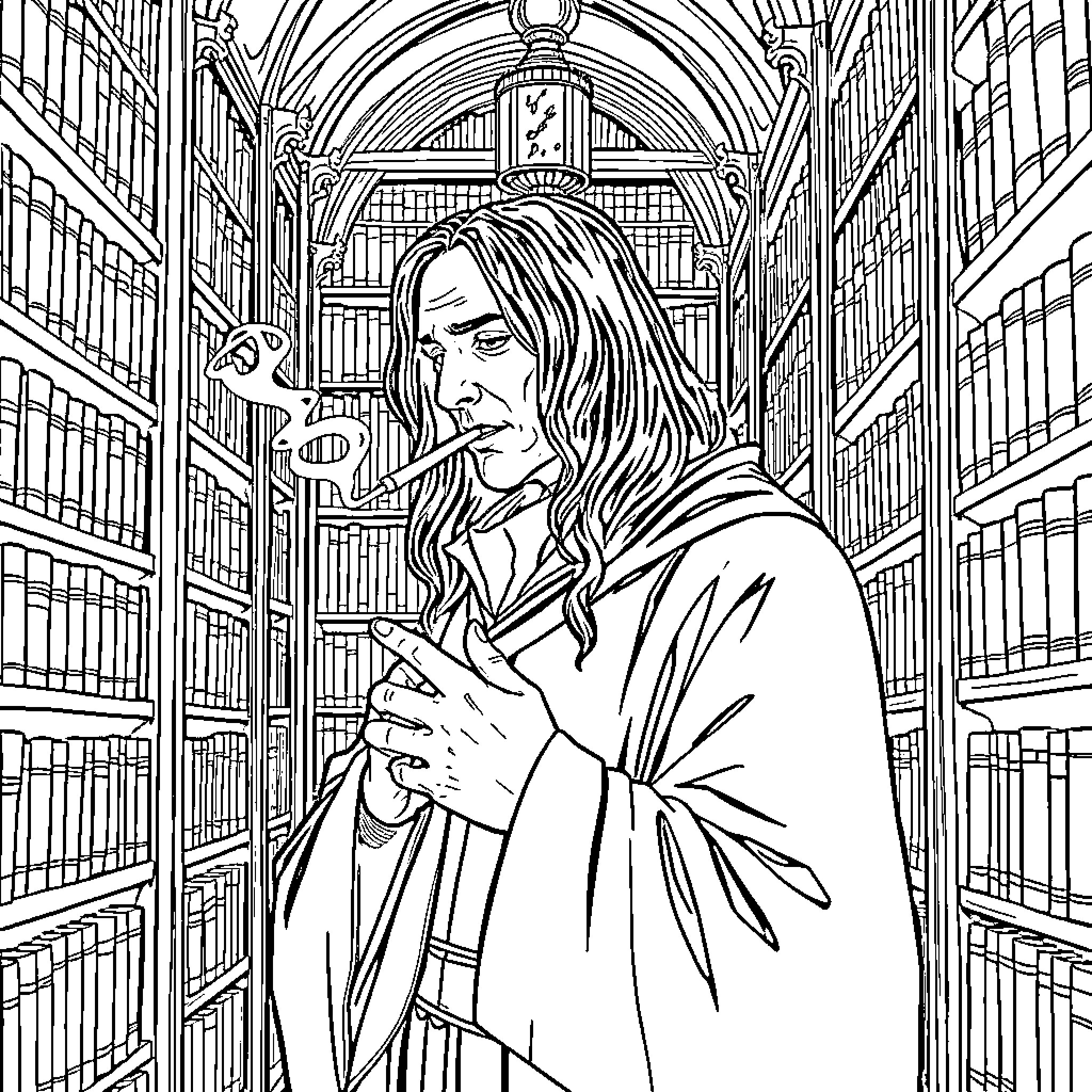 Severus Snape's Pensive Moment in the Hogwarts Library Coloring Page (free black-and-white line drawing printable PDF for all, from beginners to advanced learners, including children, teens, adults, and seniors)