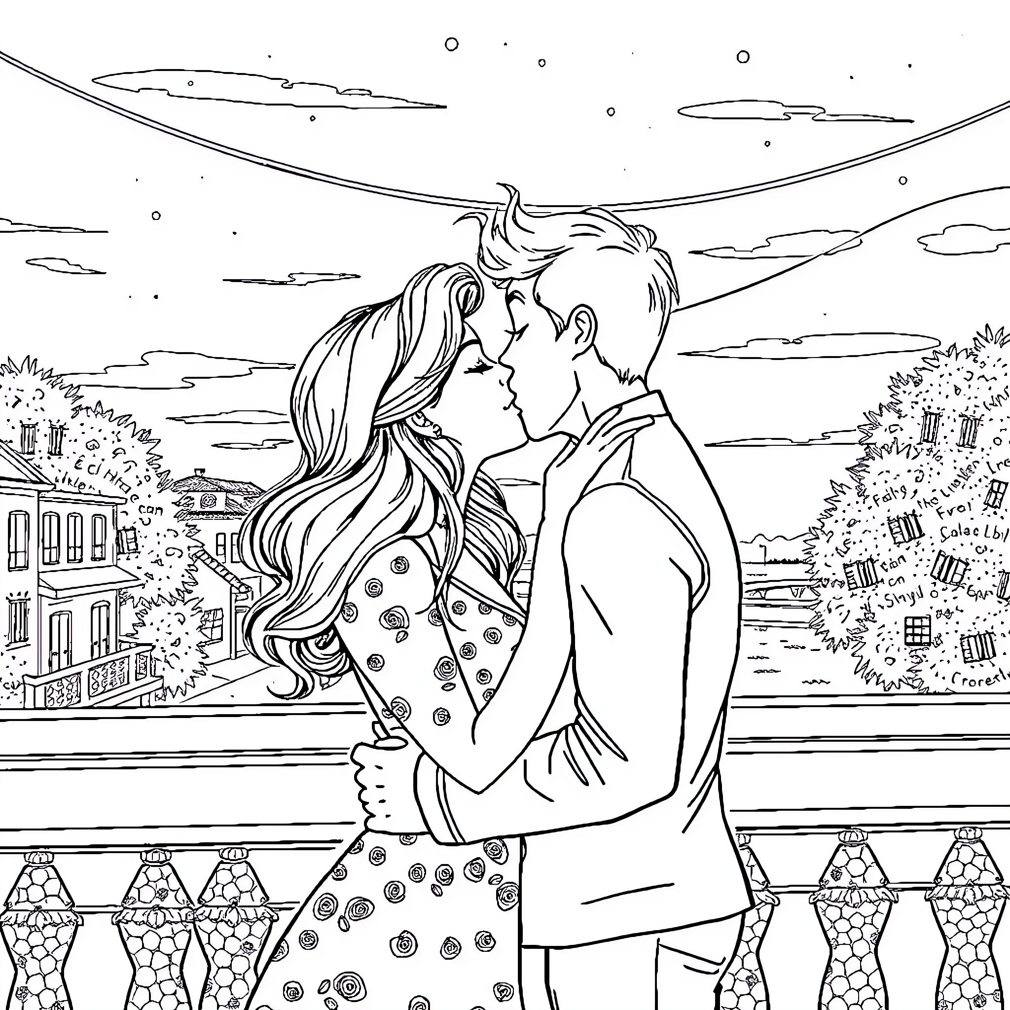 Kiss under the Starry Night Coloring Page (free black-and-white line drawing printable PDF for all, from beginners to advanced learners, including children, teens, adults, and seniors)