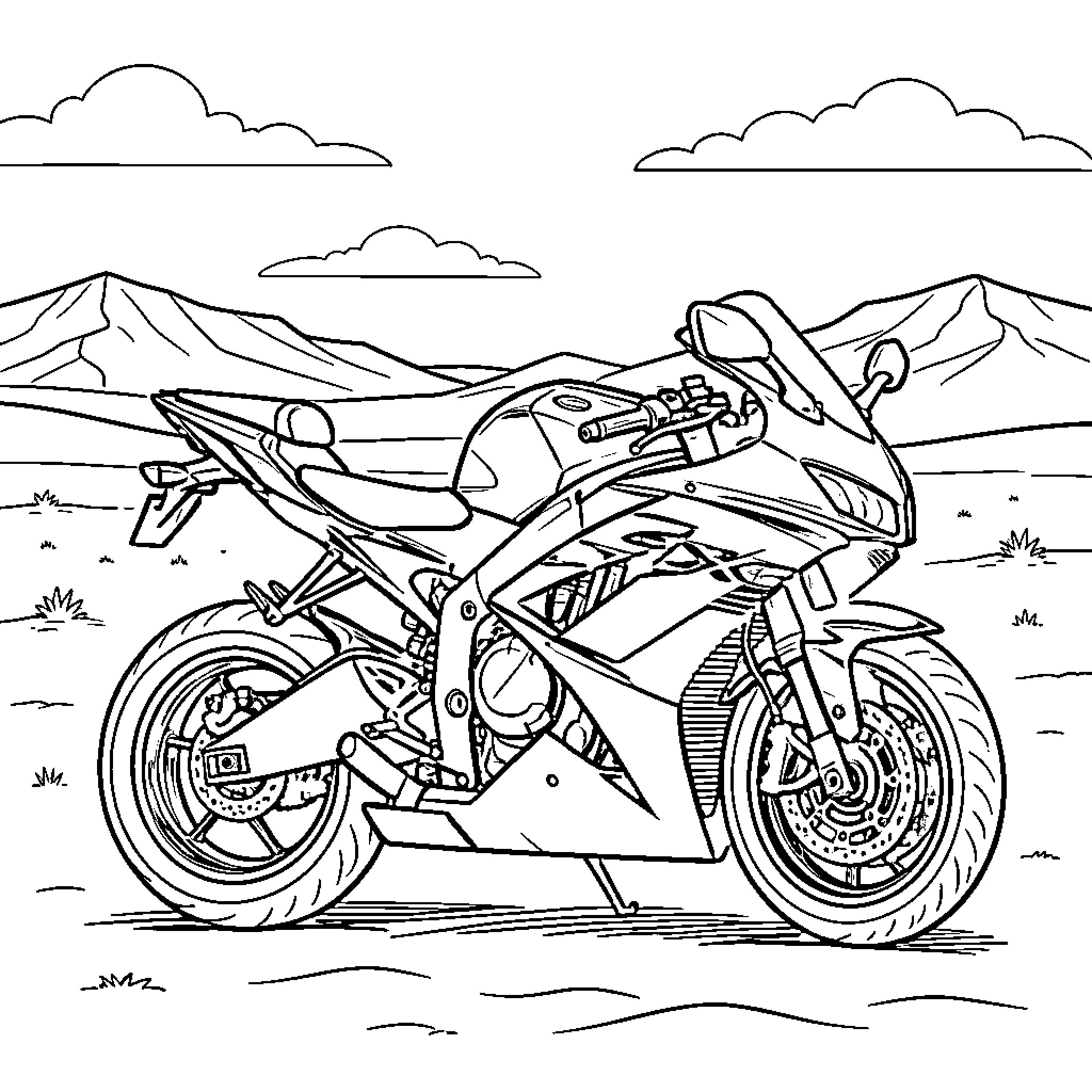 Gsxr motorcycle parked in a vast desert landscape Coloring Page (free black-and-white line drawing printable PDF for all, from beginners to advanced learners, including children, teens, adults, and seniors)