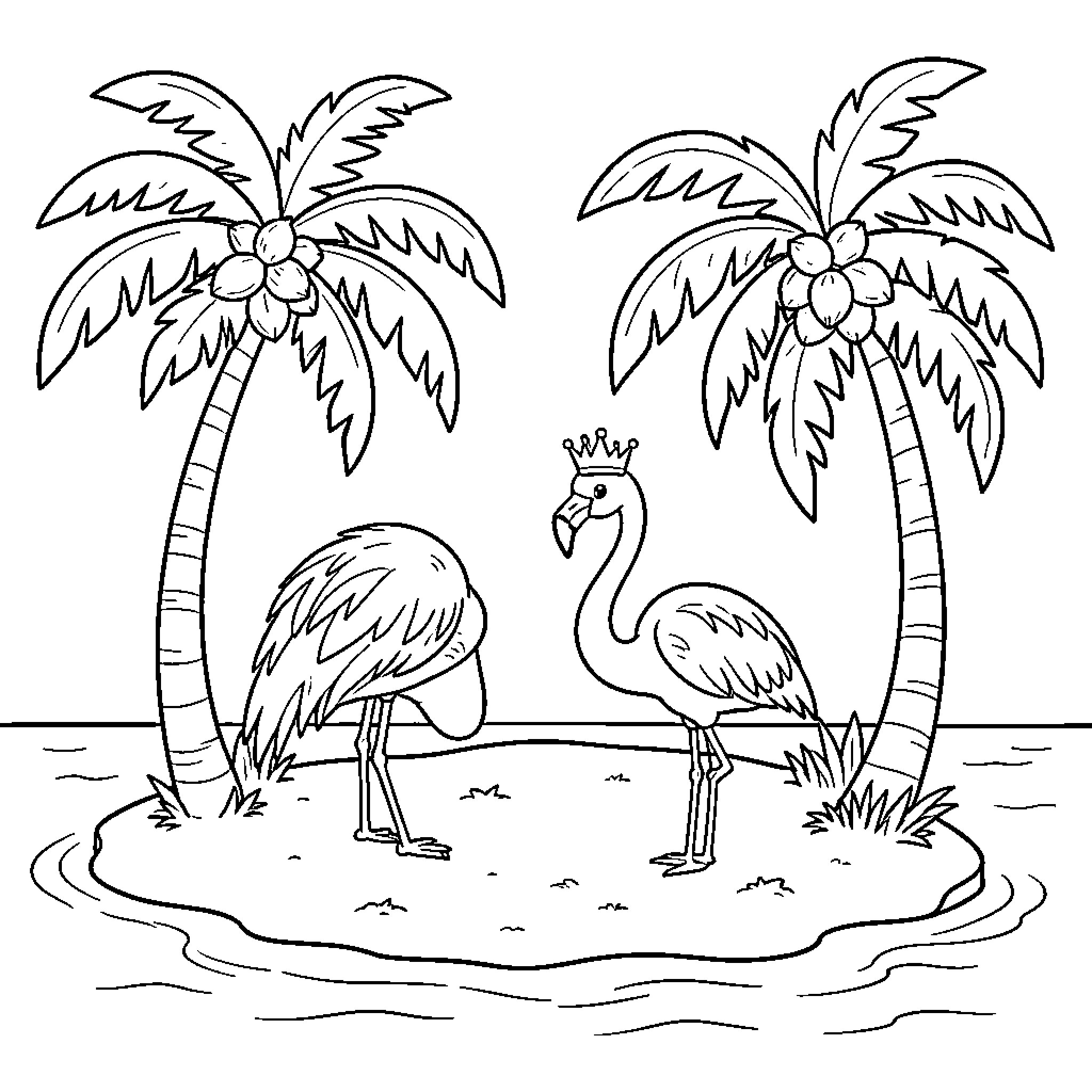 Mercat flamingos standing on a small tropical island Coloring Page (free black-and-white line drawing printable PDF for all, from beginners to advanced learners, including children, teens, adults, and seniors)