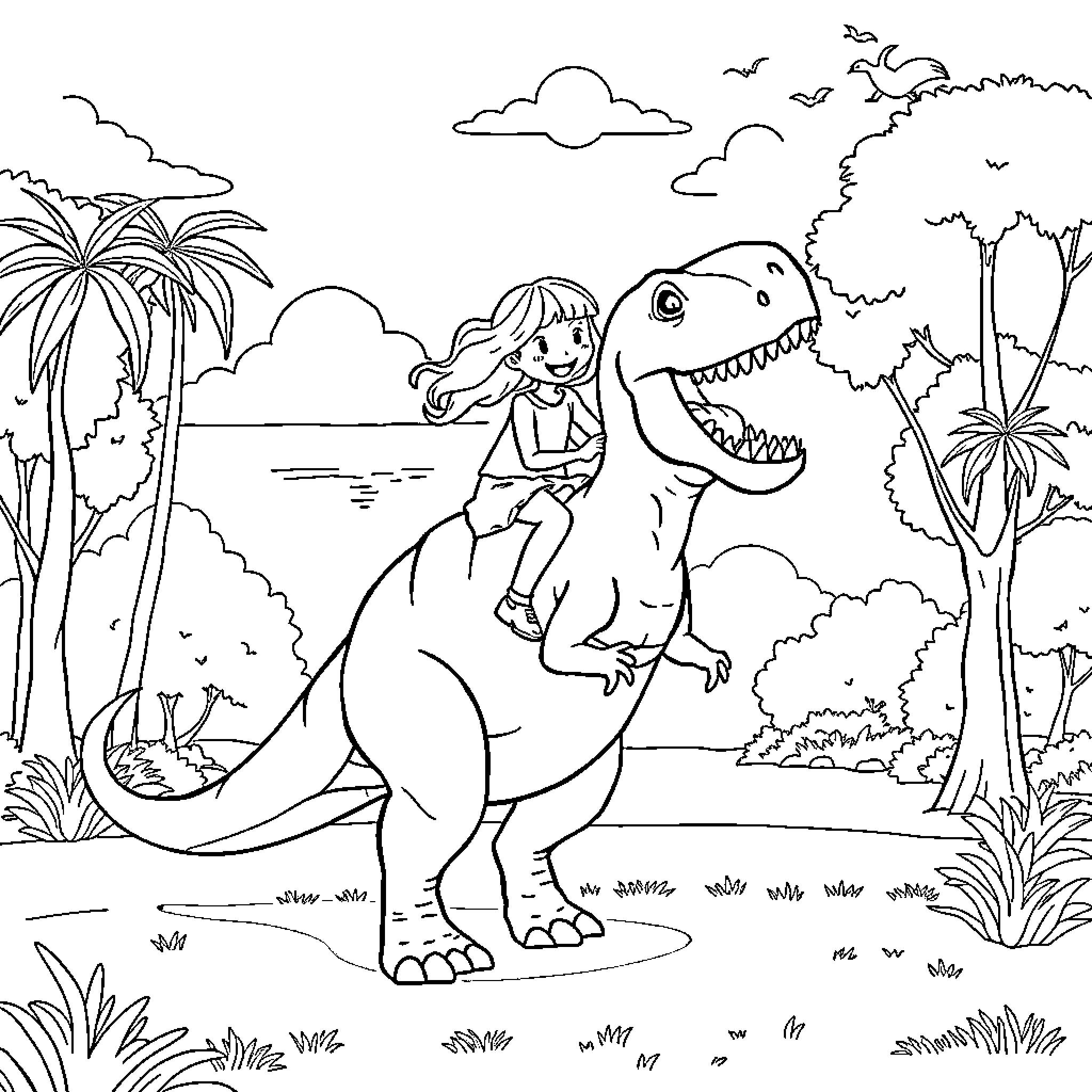 T-Rex playing with a girl in the jungle Coloring Page (free black-and-white line drawing printable PDF for all, from beginners to advanced learners, including children, teens, adults, and seniors)