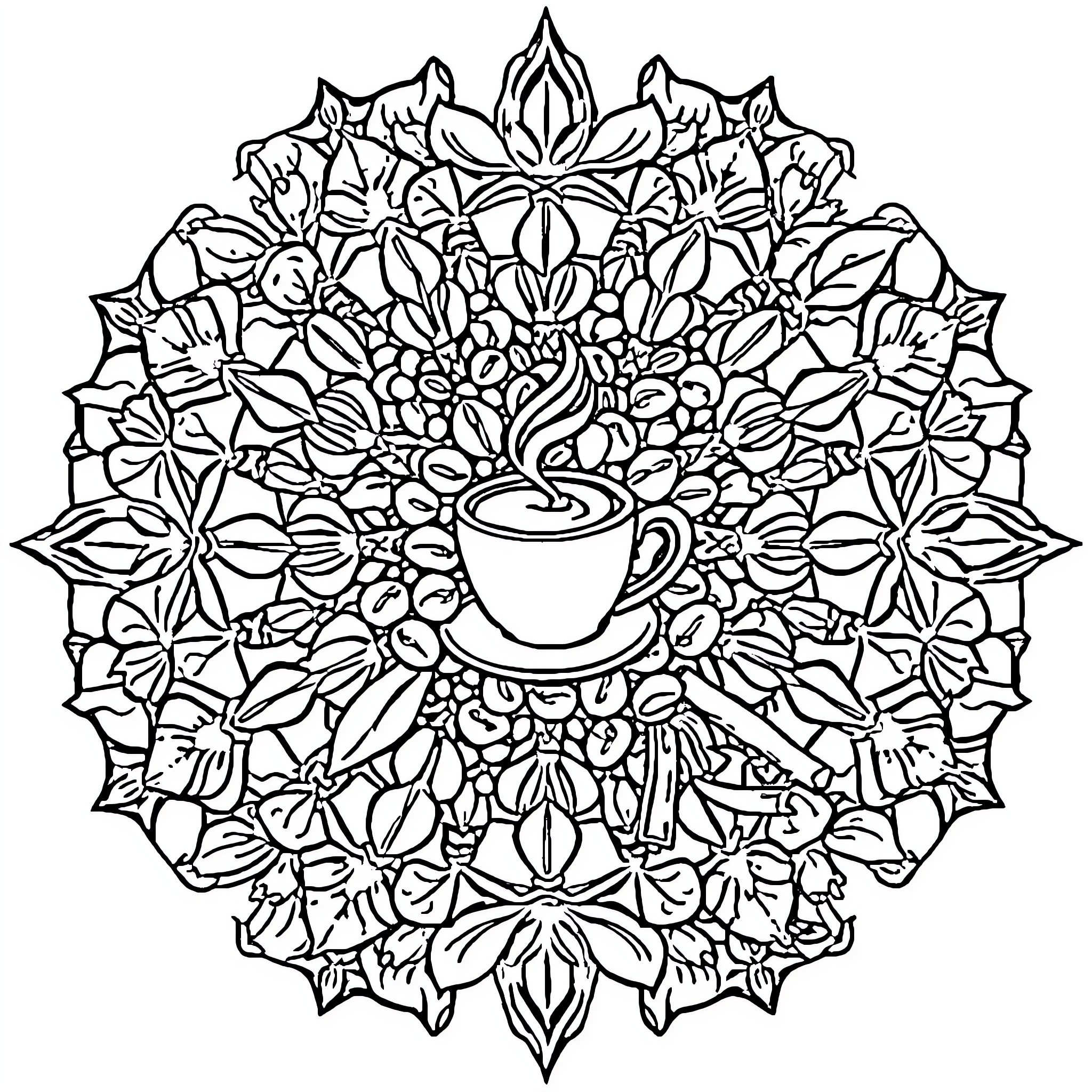 Coffee Inspired Floral Mandala Coloring Page (free black-and-white line drawing printable PDF for all, from beginners to advanced learners, including children, teens, adults, and seniors)