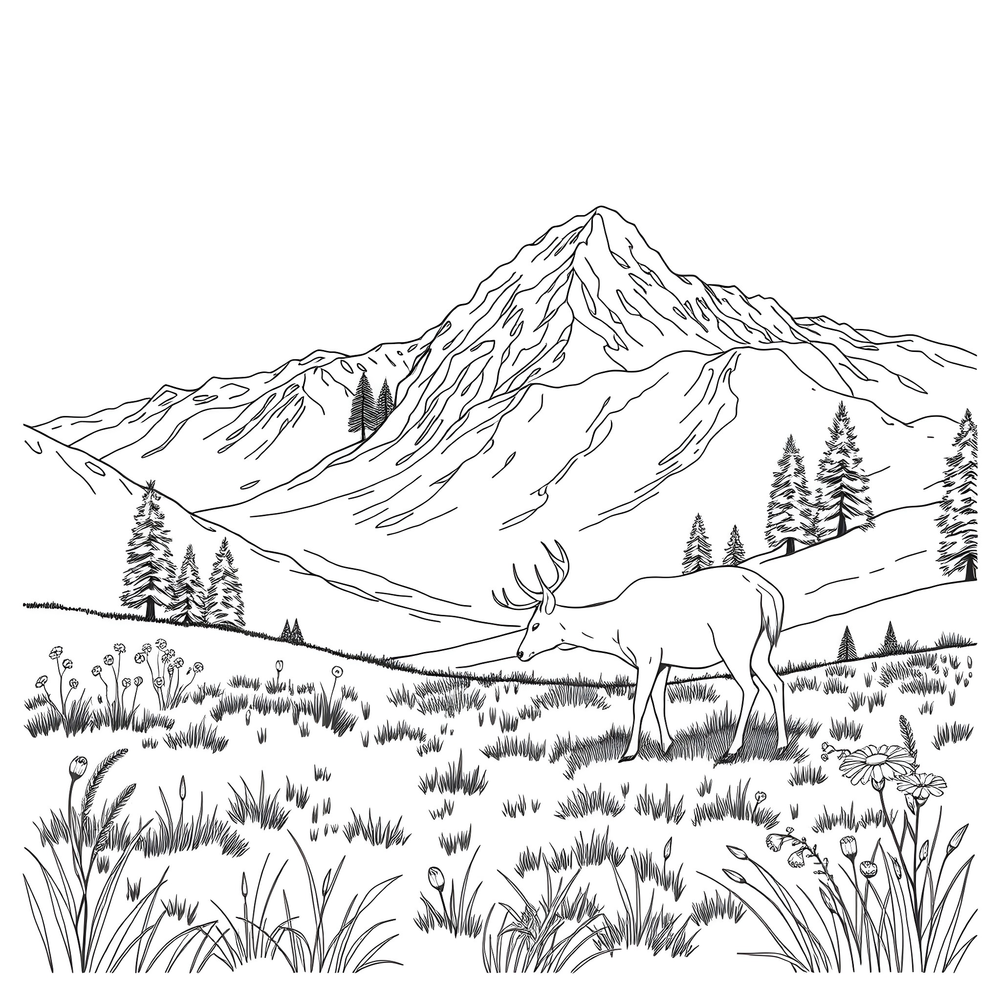 Deer standing in a mountain landscape Coloring Page (free black-and-white line drawing printable PDF for all, from beginners to advanced learners, including children, teens, adults, and seniors)
