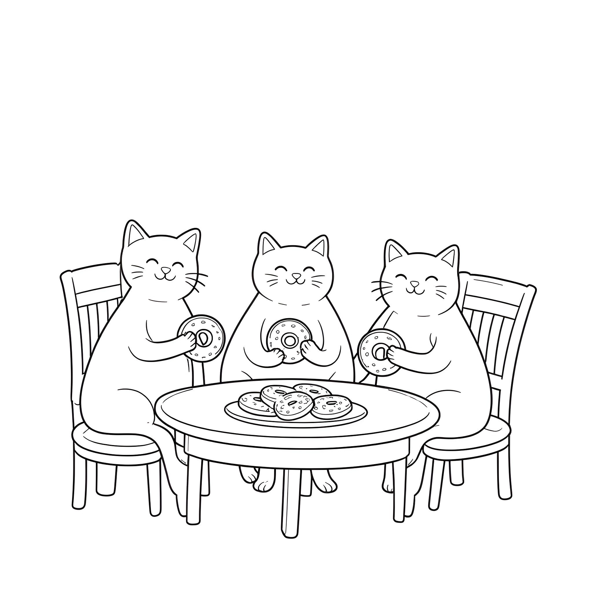 Cats enjoying a meal together Coloring Page (free black-and-white line drawing printable PDF for all, from beginners to advanced learners, including children, teens, adults, and seniors)