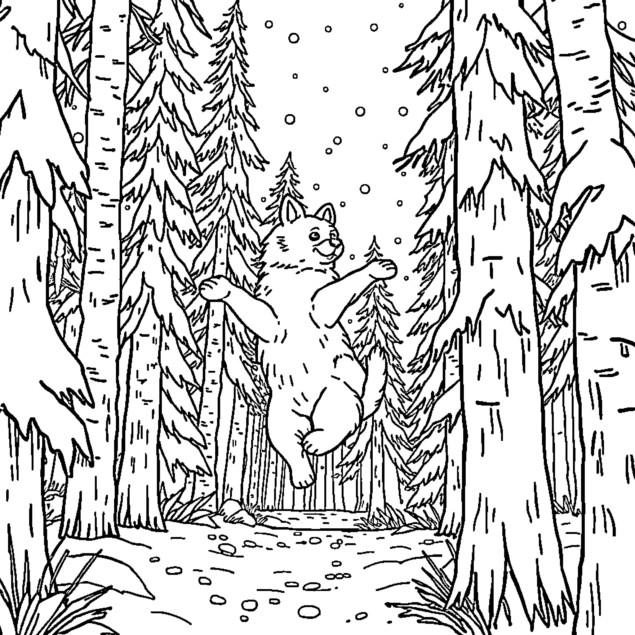 Perro exploring the snowy winter forest Coloring Page (free black-and-white line drawing printable PDF for all, from beginners to advanced learners, including children, teens, adults, and seniors)