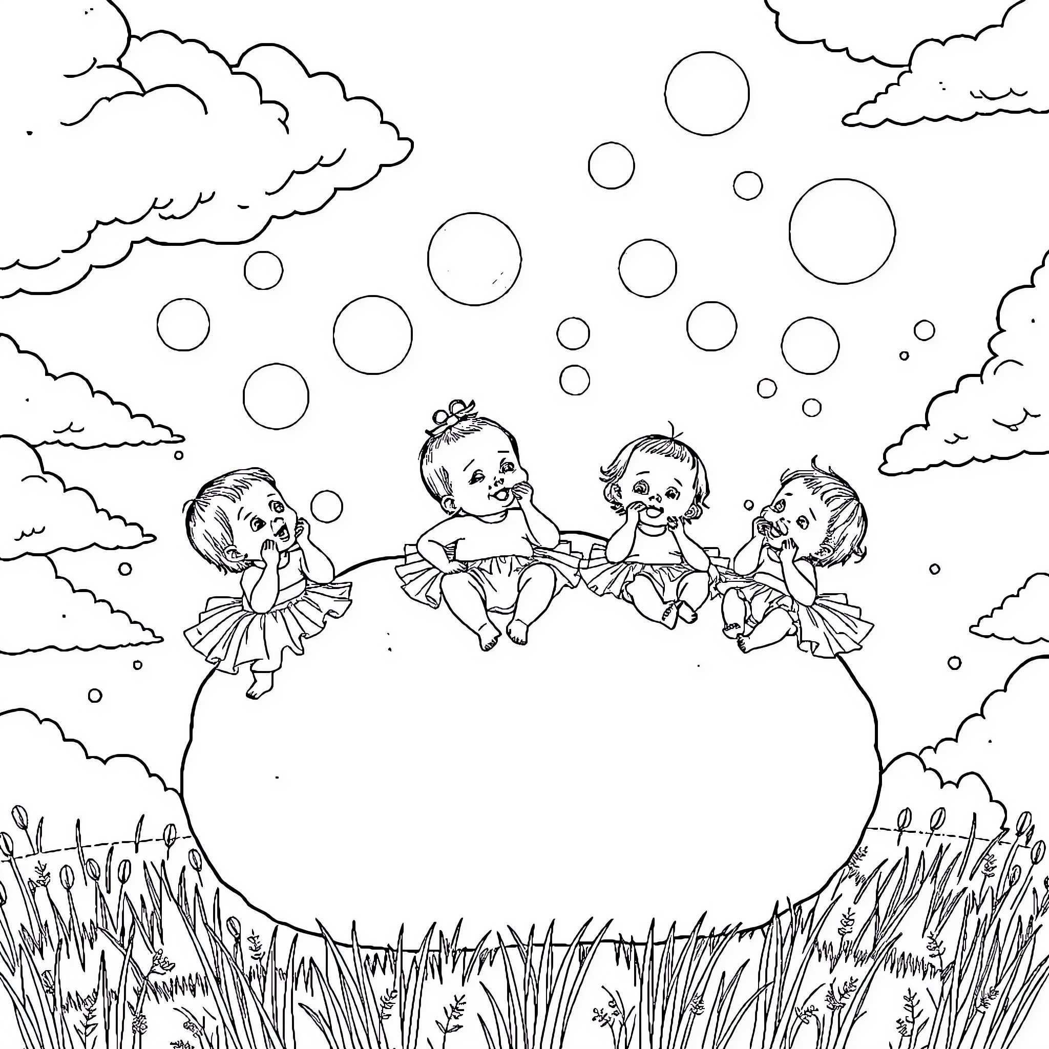 Baby ballerinas performing under the stars Coloring Page (free black-and-white line drawing printable PDF for all, from beginners to advanced learners, including children, teens, adults, and seniors)