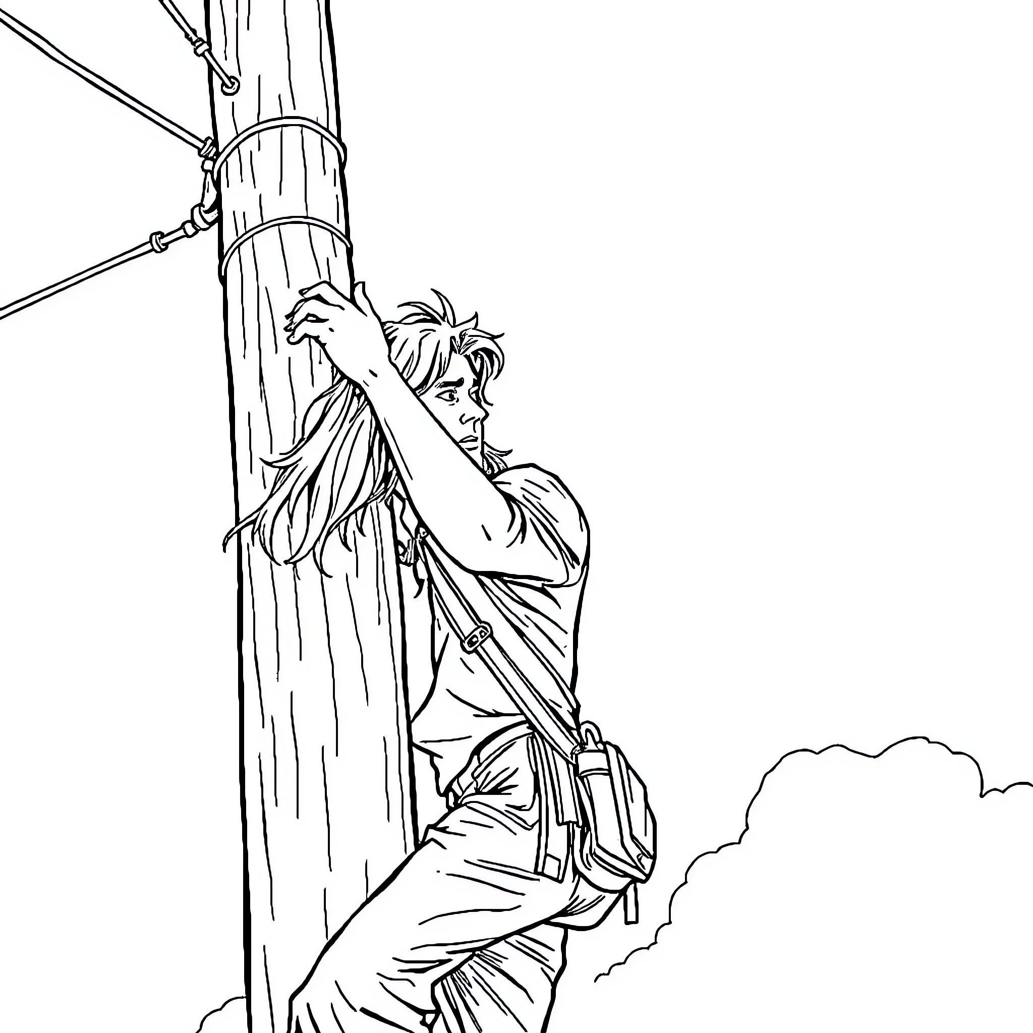 Man climbing up a pole in an action scene Coloring Page (free black-and-white line drawing printable PDF for all, from beginners to advanced learners, including children, teens, adults, and seniors)
