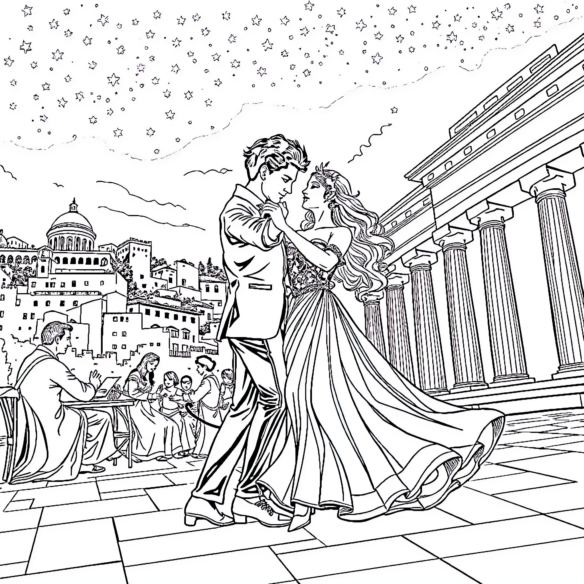 Levi Ackerman and Petra Ral's romantic dance in Ancient Rome Coloring Page (free black-and-white line drawing printable PDF for all, from beginners to advanced learners, including children, teens, adults, and seniors)