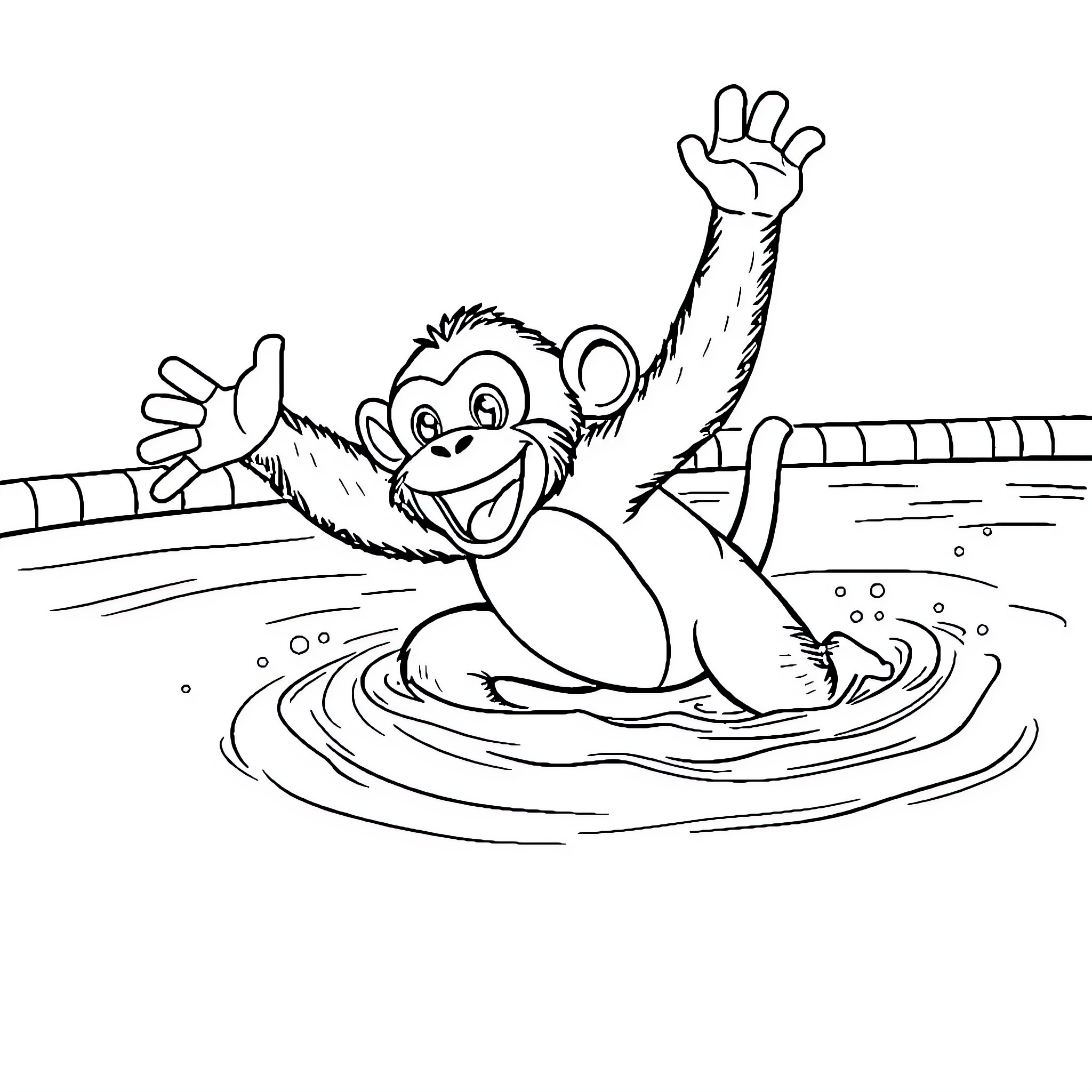 Monkey playing happily in the water Coloring Page (free black-and-white line drawing printable PDF for all, from beginners to advanced learners, including children, teens, adults, and seniors)