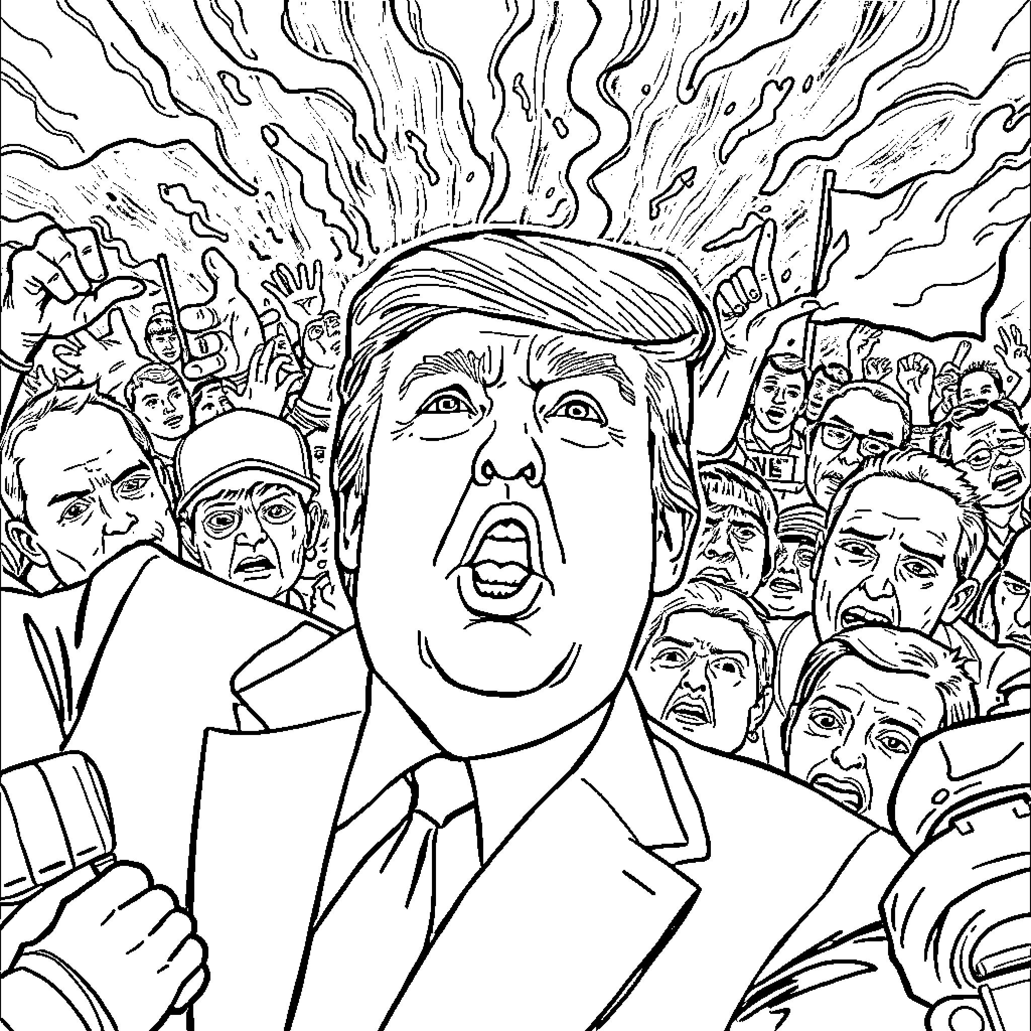 Trump's Combative Crowd: A Charged Political Scene Coloring Page (free black-and-white line drawing printable PDF for all, from beginners to advanced learners, including children, teens, adults, and seniors)