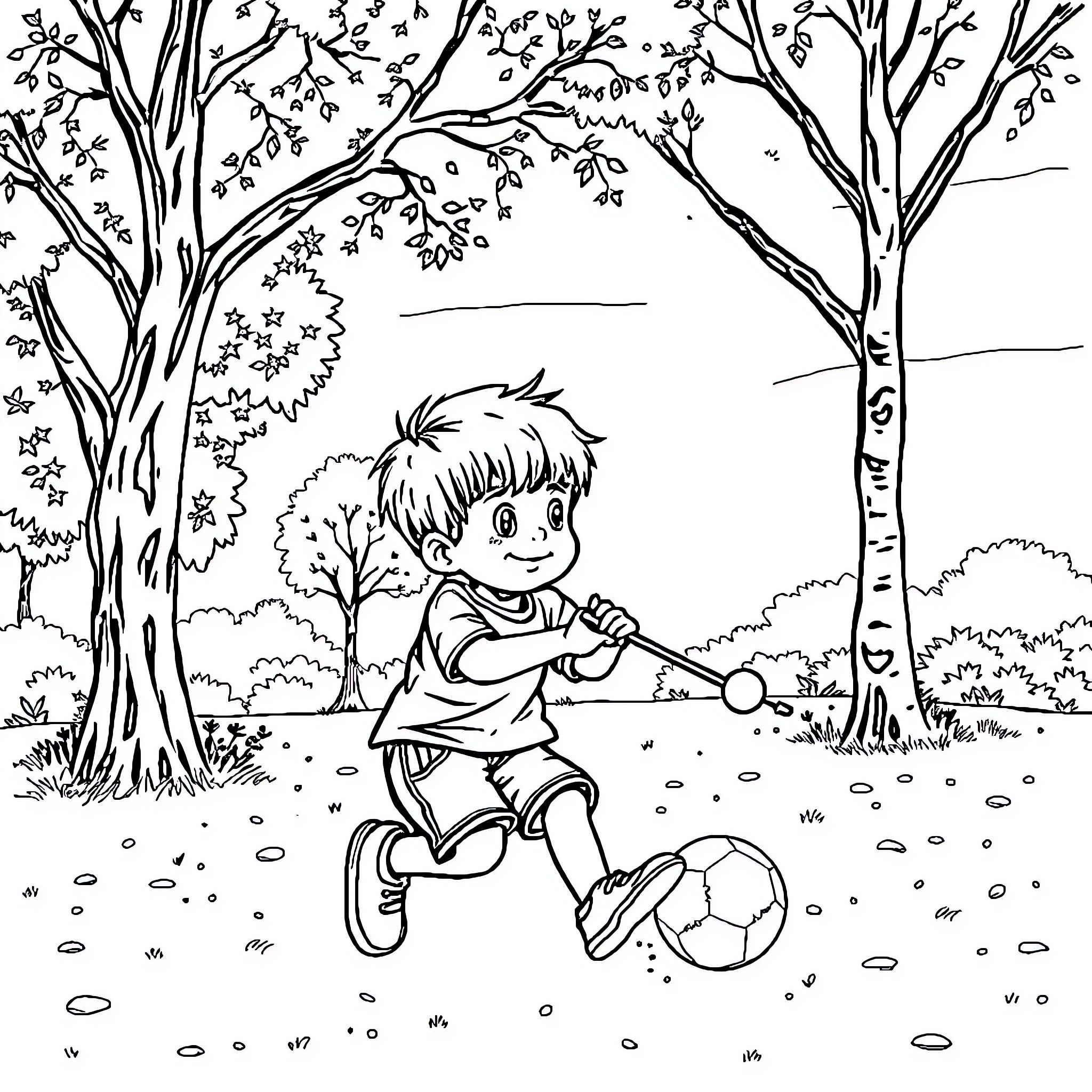 Boy playing soccer joyfully in the woods Coloring Page (free black-and-white line drawing printable PDF for all, from beginners to advanced learners, including children, teens, adults, and seniors)