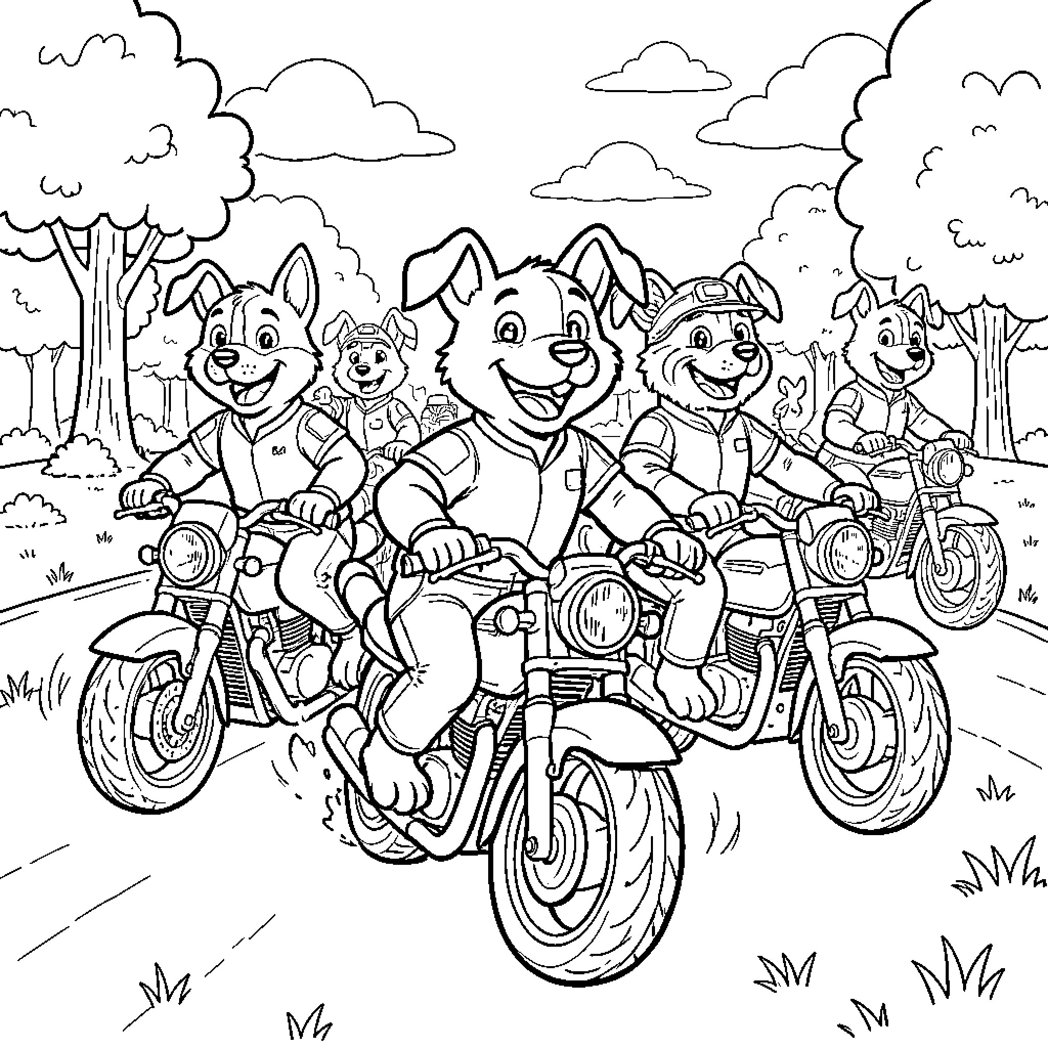 Dog friends riding motorcycles together on a path Coloring Page (free black-and-white line drawing printable PDF for all, from beginners to advanced learners, including children, teens, adults, and seniors)