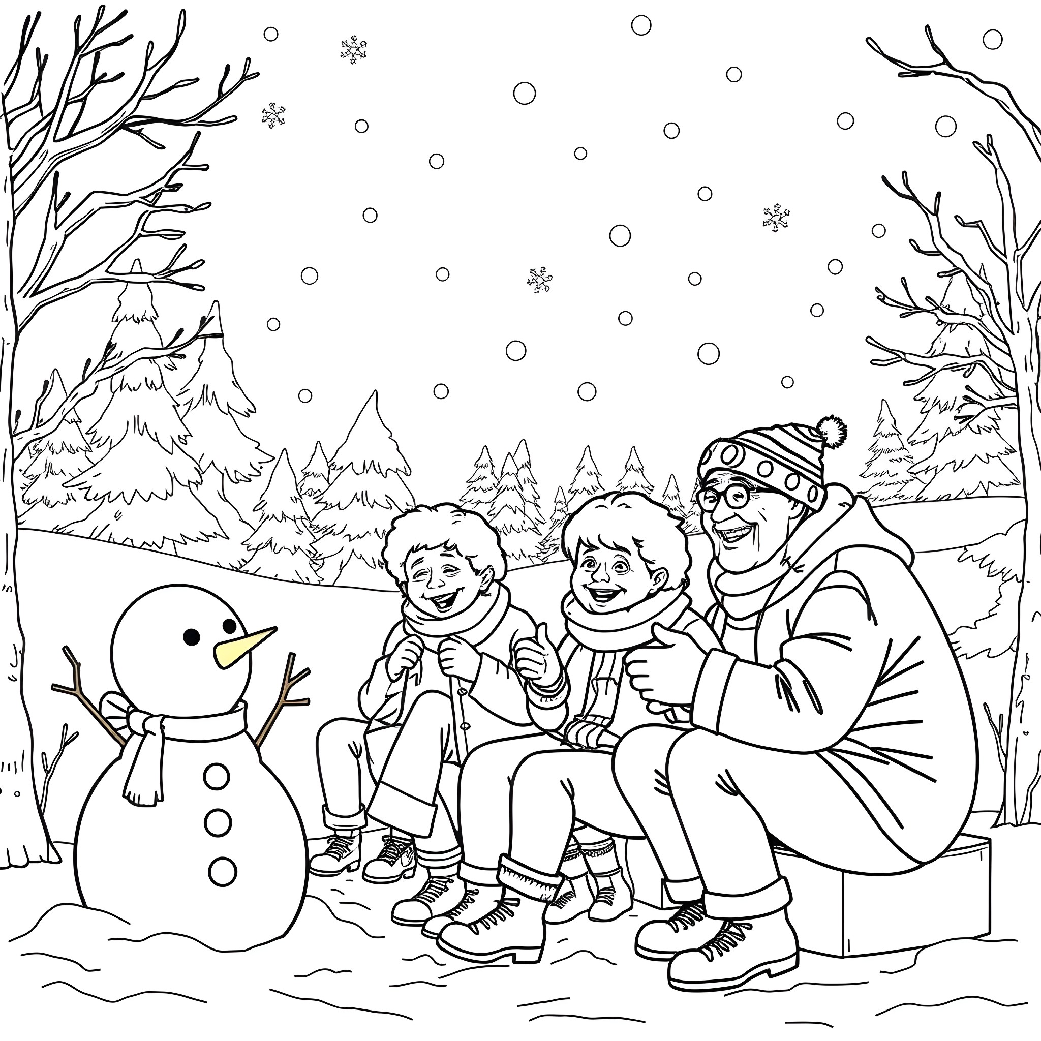 Senior Family Enjoying Winter Wonderland with Snowman Coloring Page (free black-and-white line drawing printable PDF for all, from beginners to advanced learners, including children, teens, adults, and seniors)