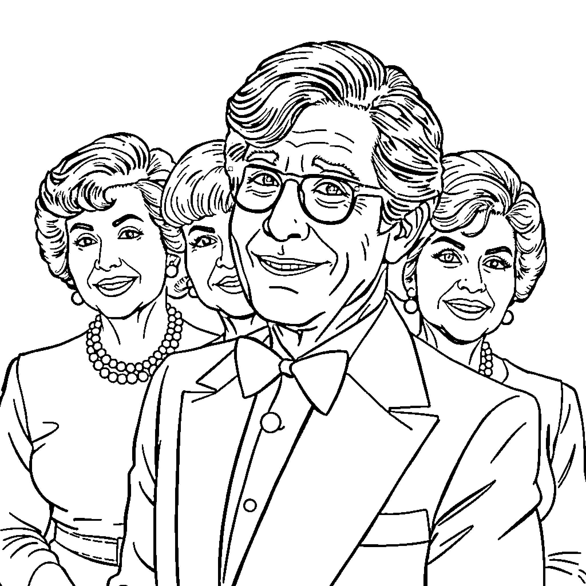 Tony Danza in a formal portrait with three women Coloring Page (free black-and-white line drawing printable PDF for all, from beginners to advanced learners, including children, teens, adults, and seniors)