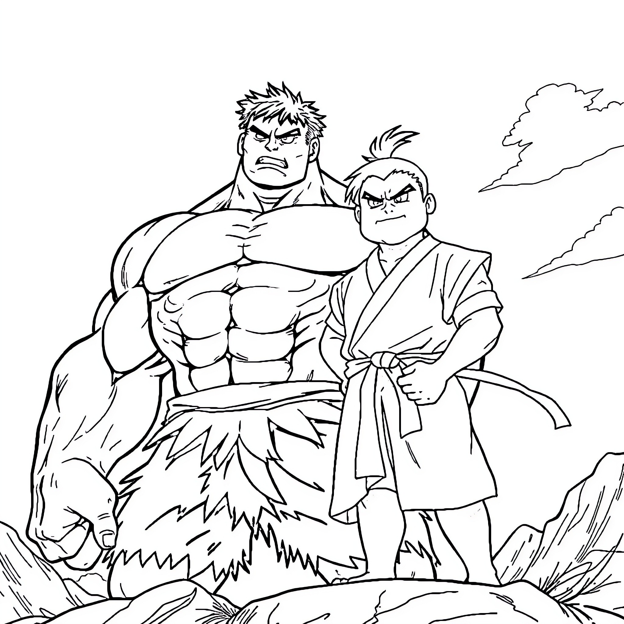 Hulk and Samurai Warrior Standing Tall Coloring Page (free black-and-white line drawing printable PDF for all, from beginners to advanced learners, including children, teens, adults, and seniors)