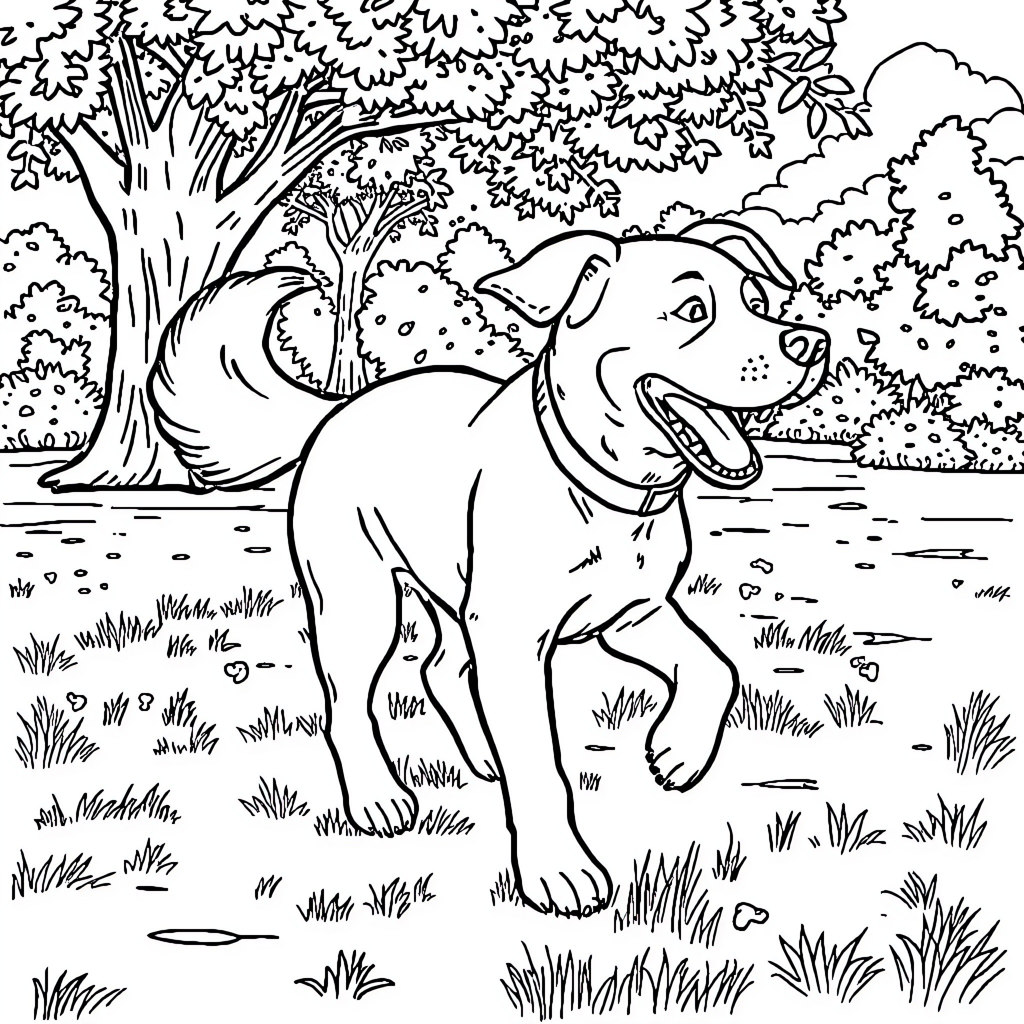Dog exploring the forest landscape Coloring Page (free black-and-white line drawing printable PDF for all, from beginners to advanced learners, including children, teens, adults, and seniors)