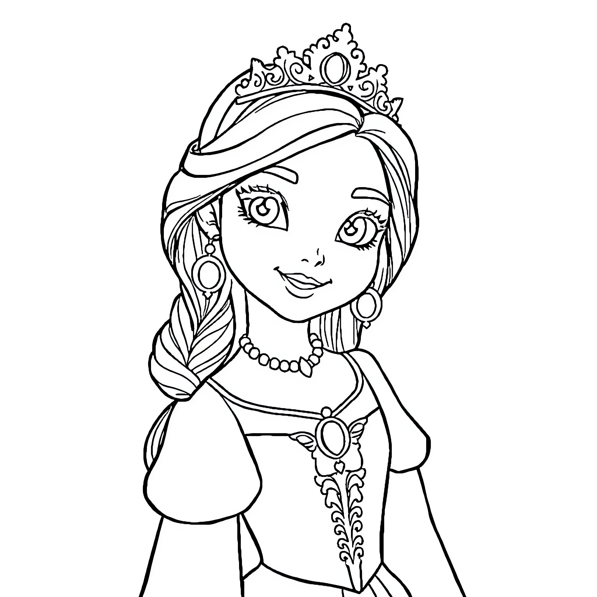 Sisi the Elegant Princess in Regal Attire Coloring Page (free black-and-white line drawing printable PDF for all, from beginners to advanced learners, including children, teens, adults, and seniors)