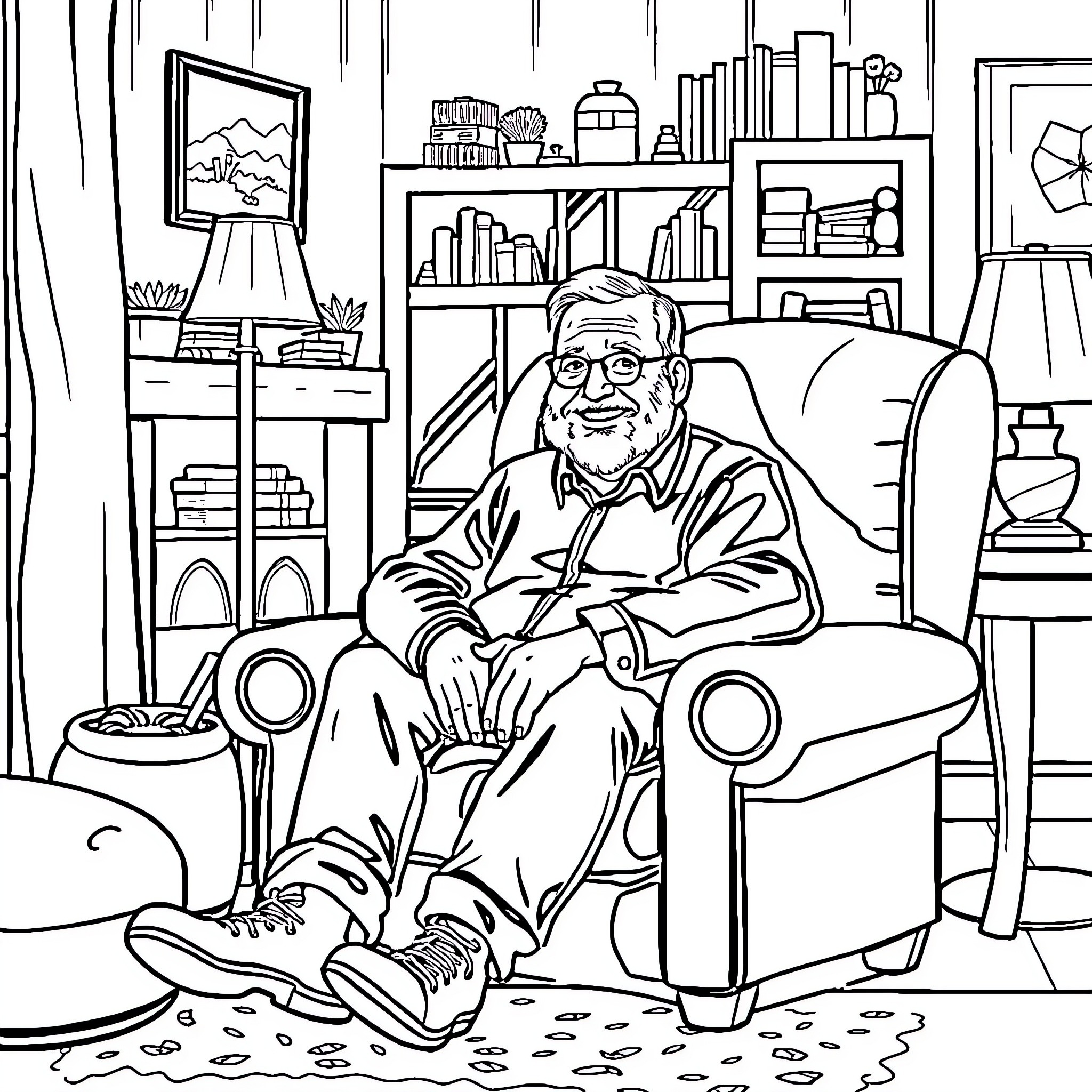 Uncle Chris Relaxing in His Cozy Home Coloring Page (free black-and-white line drawing printable PDF for all, from beginners to advanced learners, including children, teens, adults, and seniors)