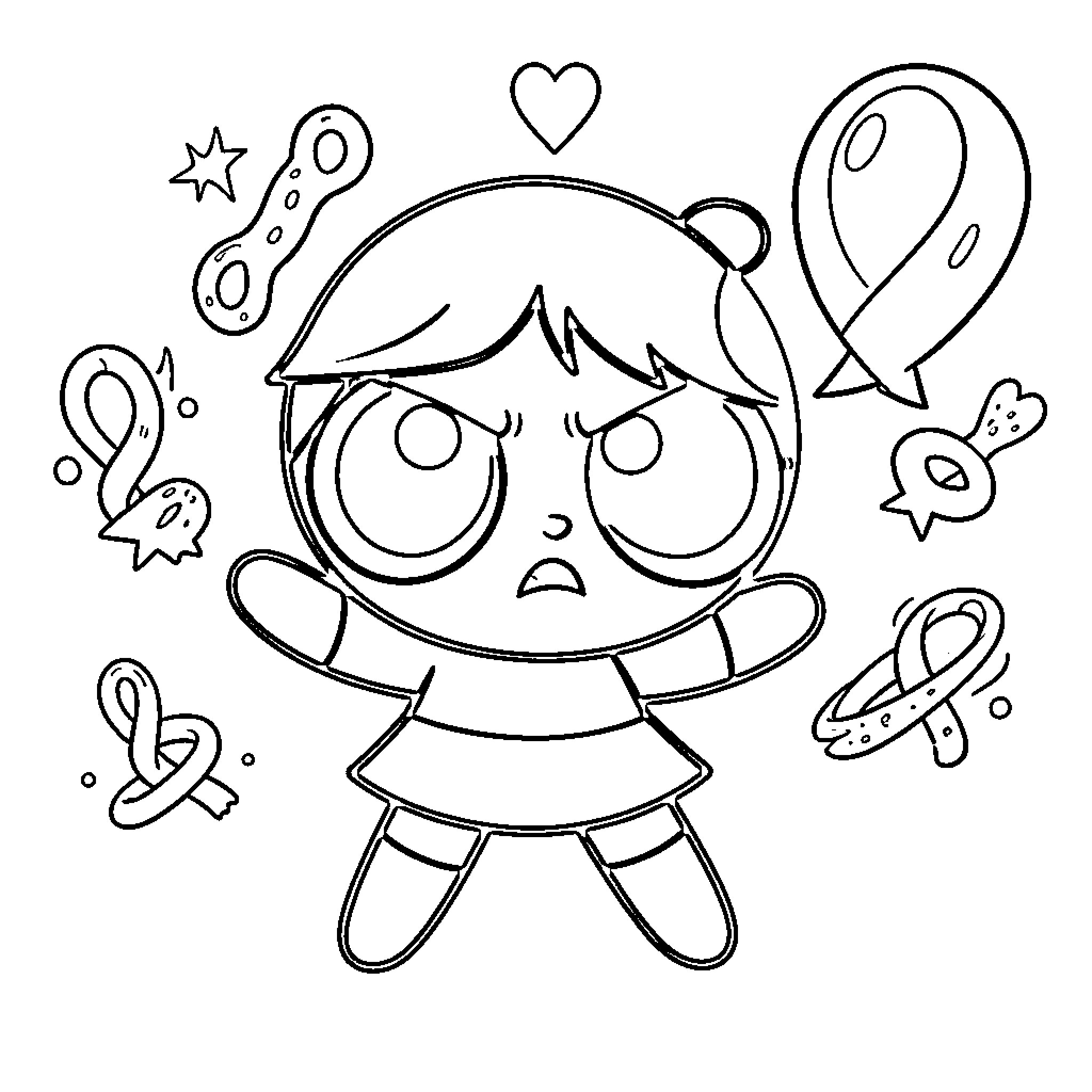 Power Puff Girl looking angry surrounded by floating shapes Coloring Page (free black-and-white line drawing printable PDF for all, from beginners to advanced learners, including children, teens, adults, and seniors)