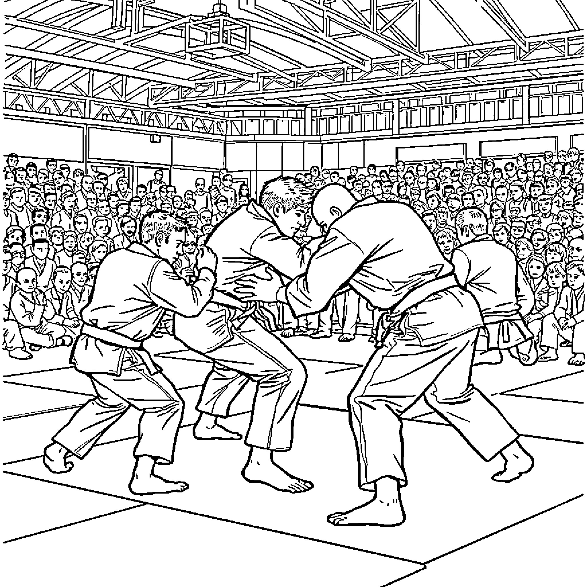 Jiu Jitsu Competition in a Packed Arena Coloring Page (free black-and-white line drawing printable PDF for all, from beginners to advanced learners, including children, teens, adults, and seniors)