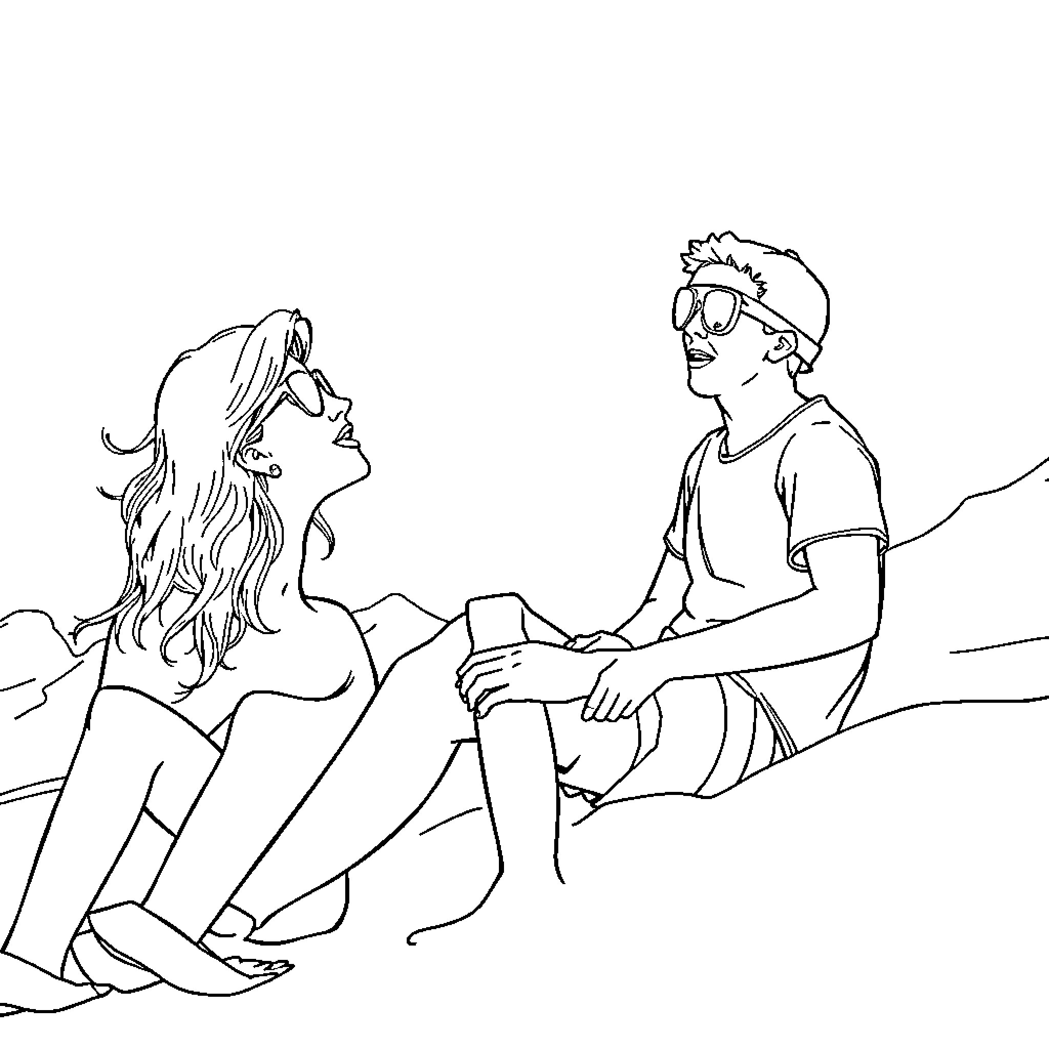 Skibiri: Carefree Conversation on the Beach Coloring Page (free black-and-white line drawing printable PDF for all, from beginners to advanced learners, including children, teens, adults, and seniors)