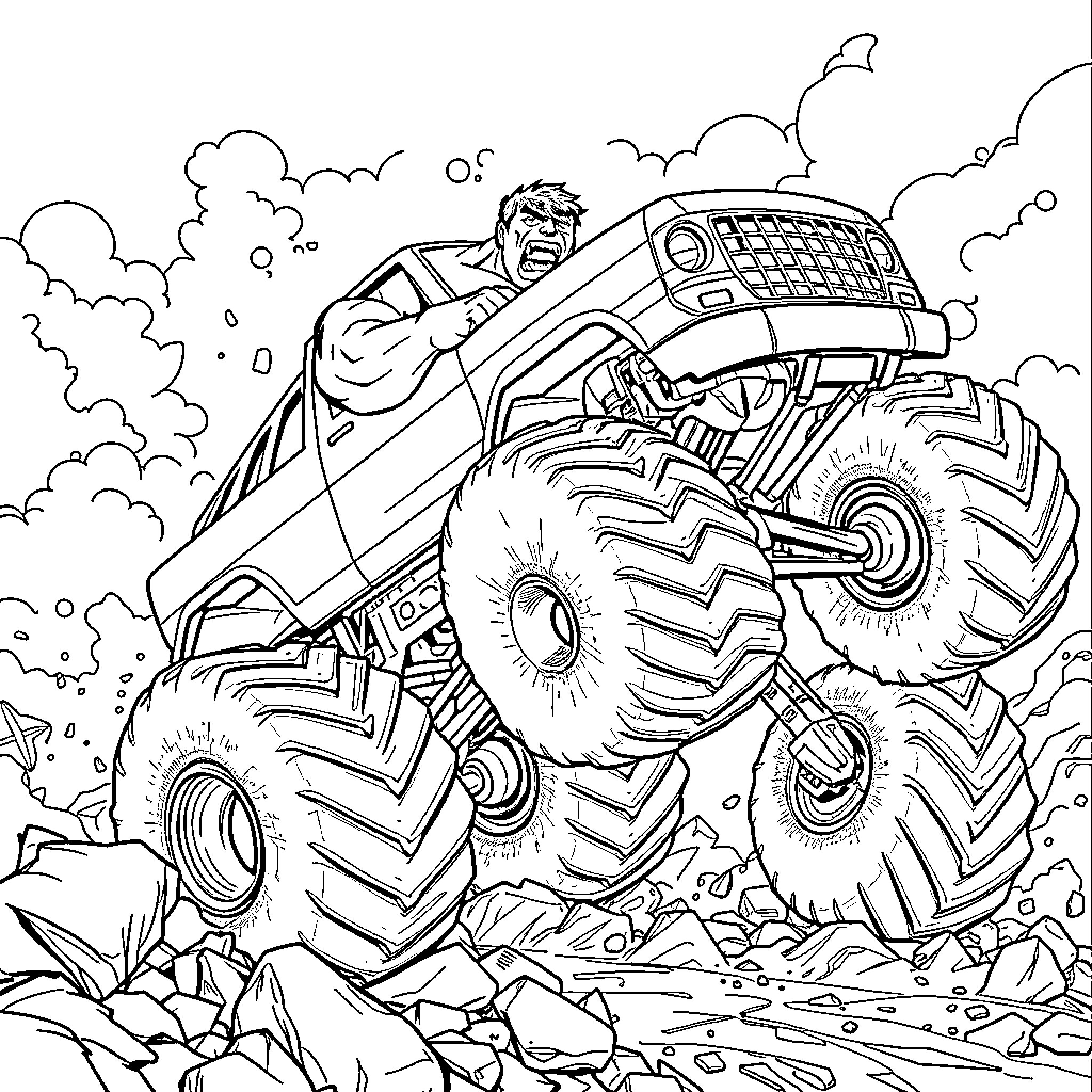 Hulk driving a monstrous off-road vehicle through the rugged terrain Coloring Page (free black-and-white line drawing printable PDF for all, from beginners to advanced learners, including children, teens, adults, and seniors)