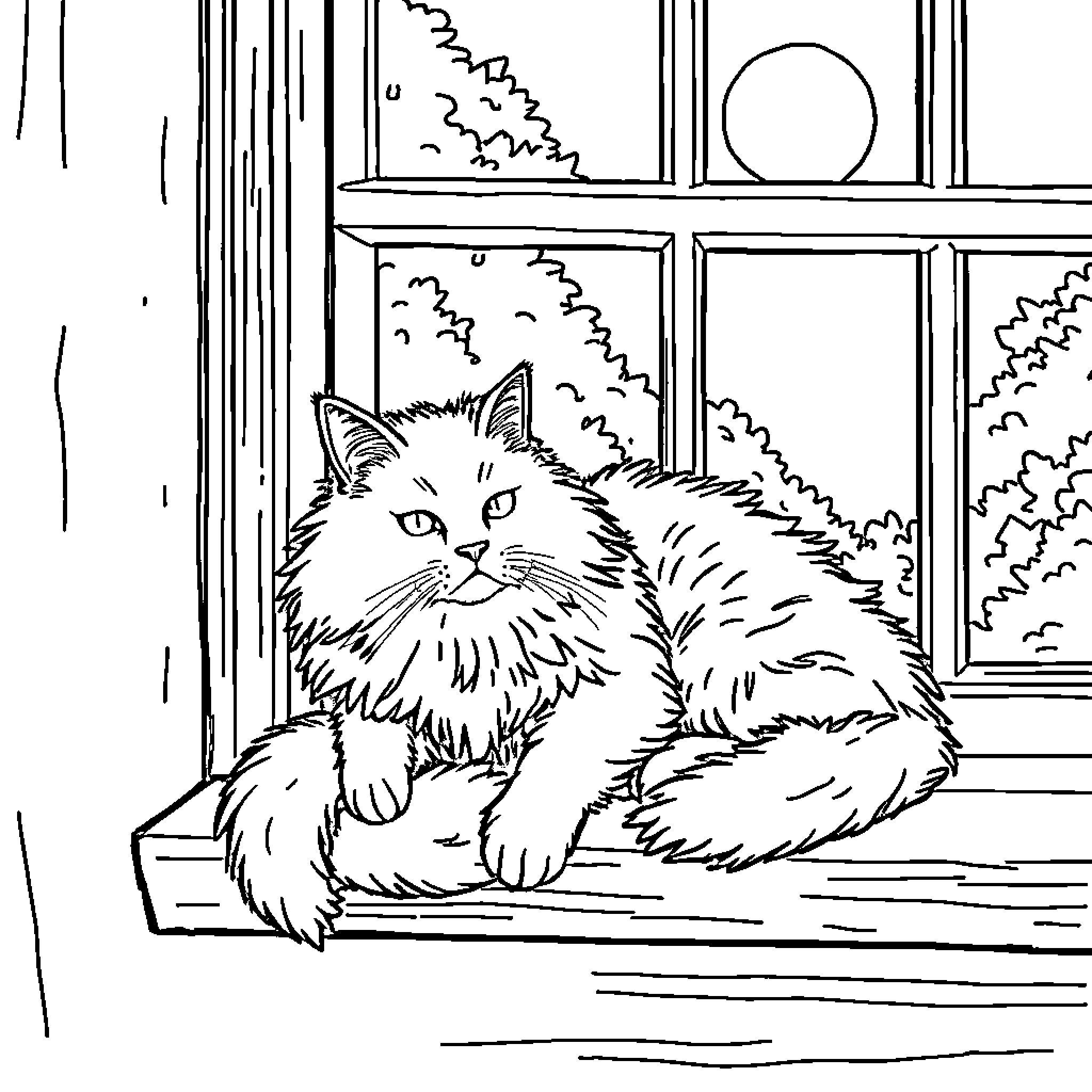 Cat resting peacefully by the window Coloring Page (free black-and-white line drawing printable PDF for all, from beginners to advanced learners, including children, teens, adults, and seniors)