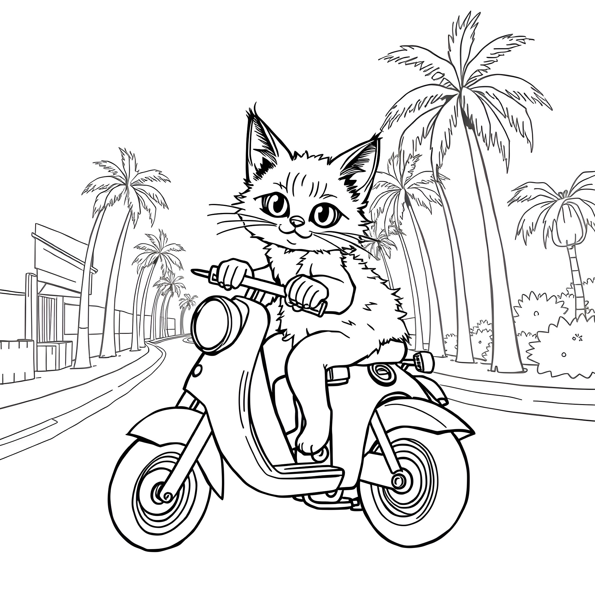 Ragdoll Cat riding a scooter in a tropical city Coloring Page (free black-and-white line drawing printable PDF for all, from beginners to advanced learners, including children, teens, adults, and seniors)
