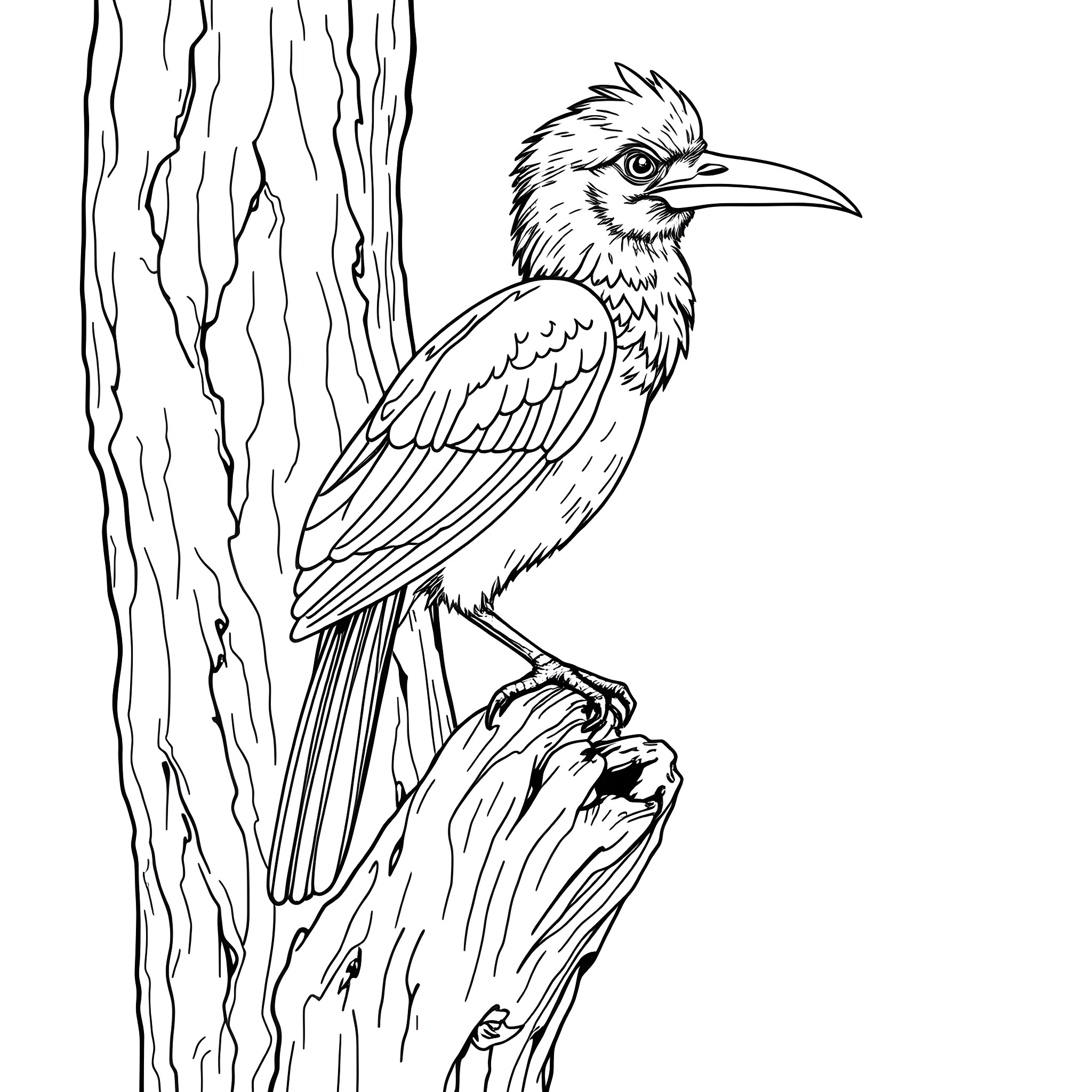 Akepe: Majestic bird perched on a tree trunk Coloring Page (free black-and-white line drawing printable PDF for all, from beginners to advanced learners, including children, teens, adults, and seniors)