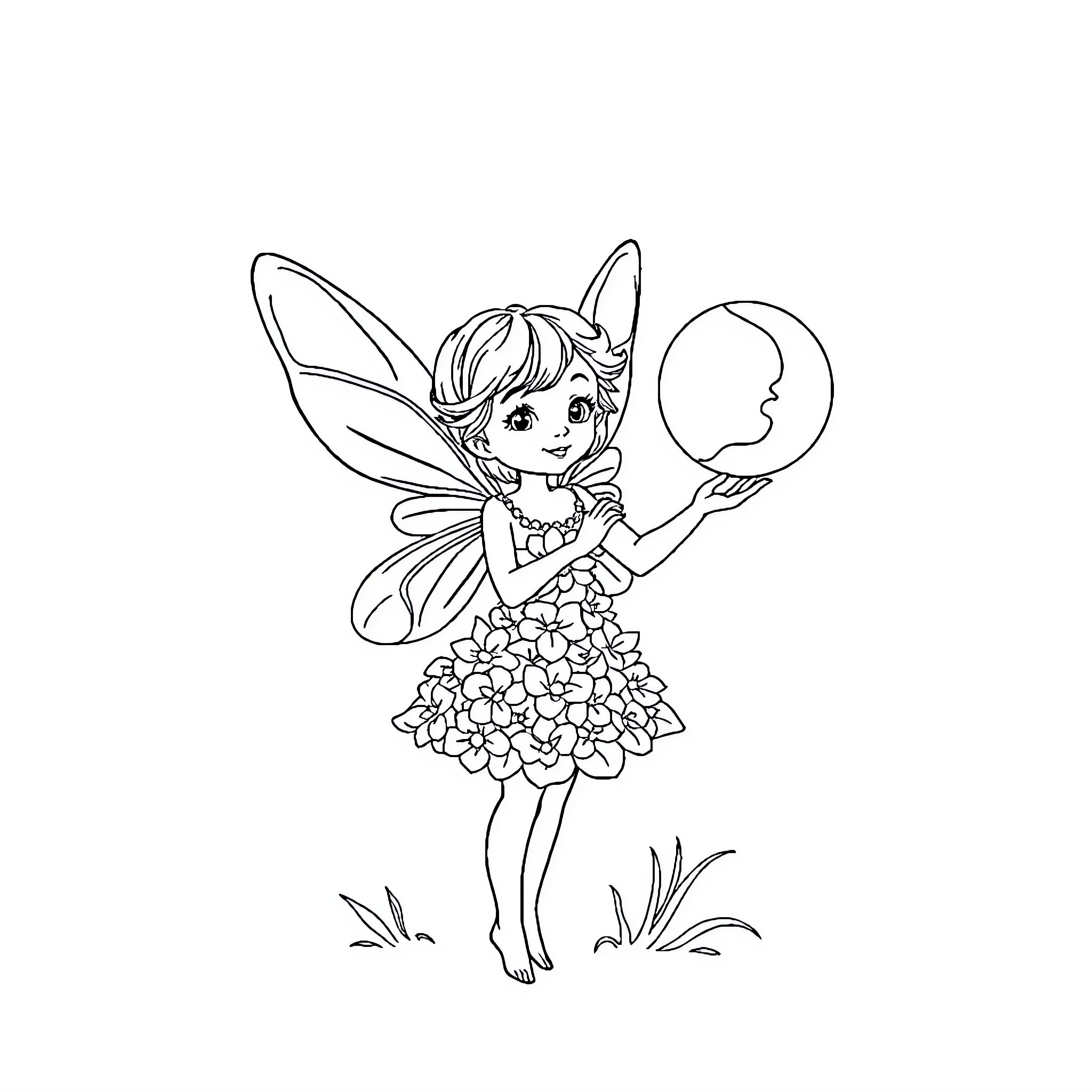 Fairy holding a glowing orb in a flowery meadow Coloring Page (free black-and-white line drawing printable PDF for all, from beginners to advanced learners, including children, teens, adults, and seniors)
