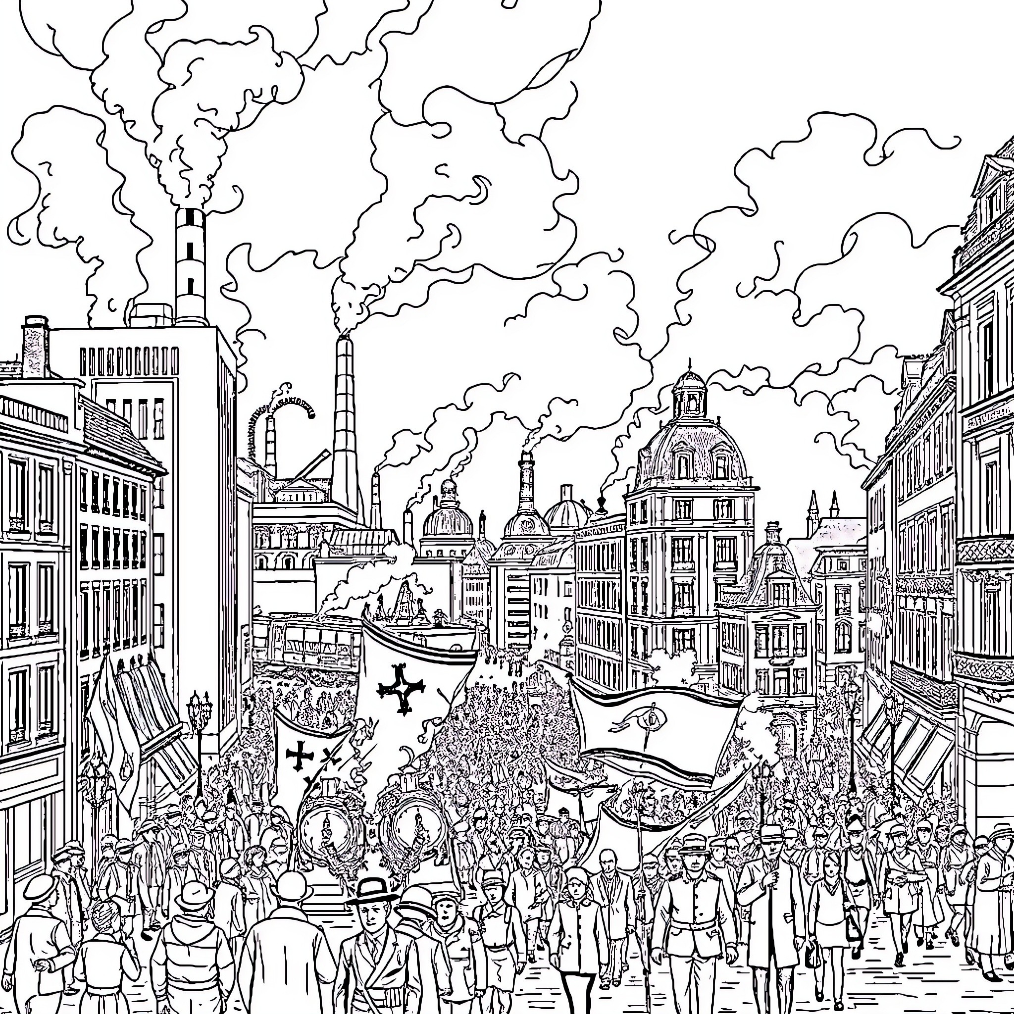 Europe's Urban Landscape: Bustling Crowds and Iconic Architecture Coloring Page (free black-and-white line drawing printable PDF for all, from beginners to advanced learners, including children, teens, adults, and seniors)