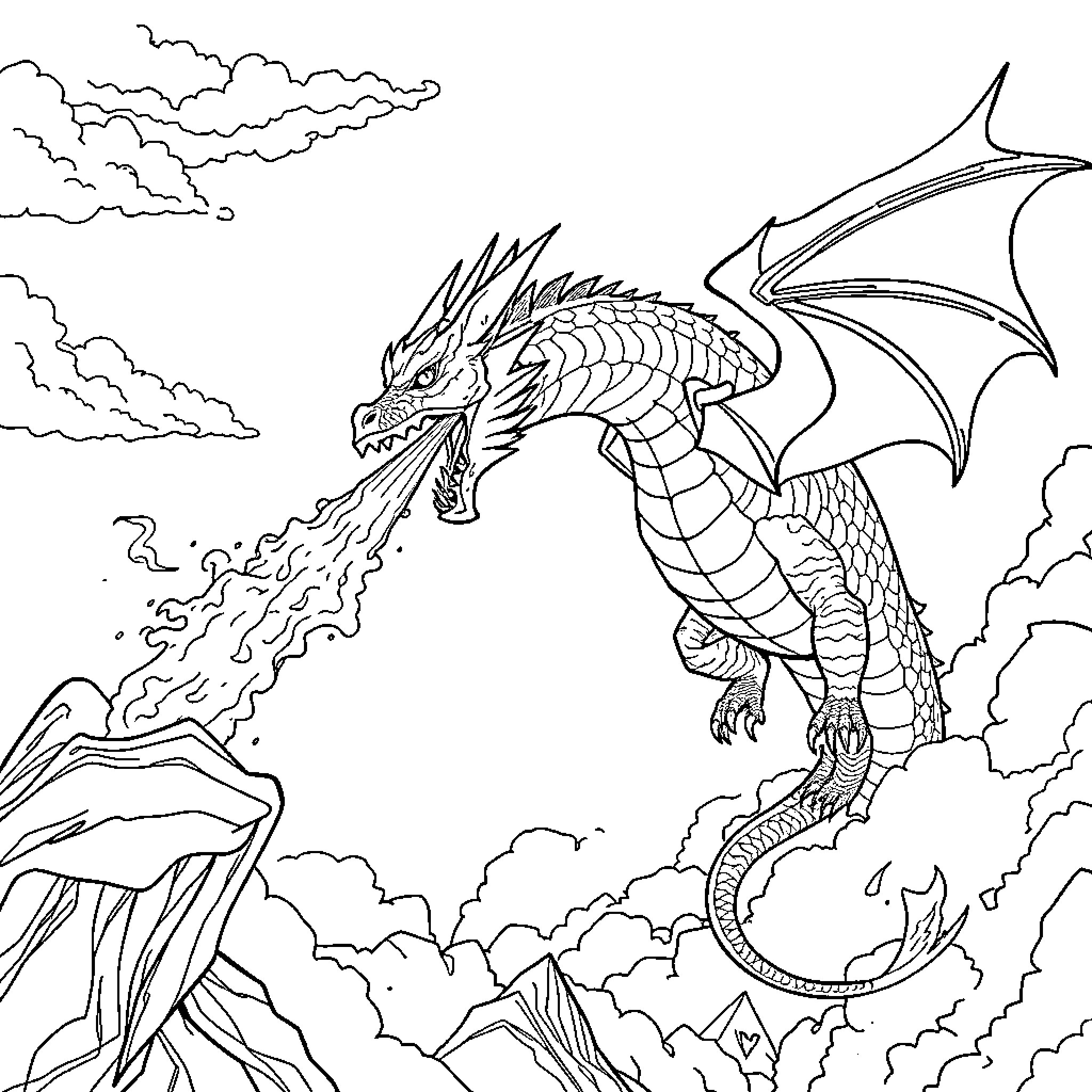 Dragon soaring majestically above the clouds Coloring Page (free black-and-white line drawing printable PDF for all, from beginners to advanced learners, including children, teens, adults, and seniors)