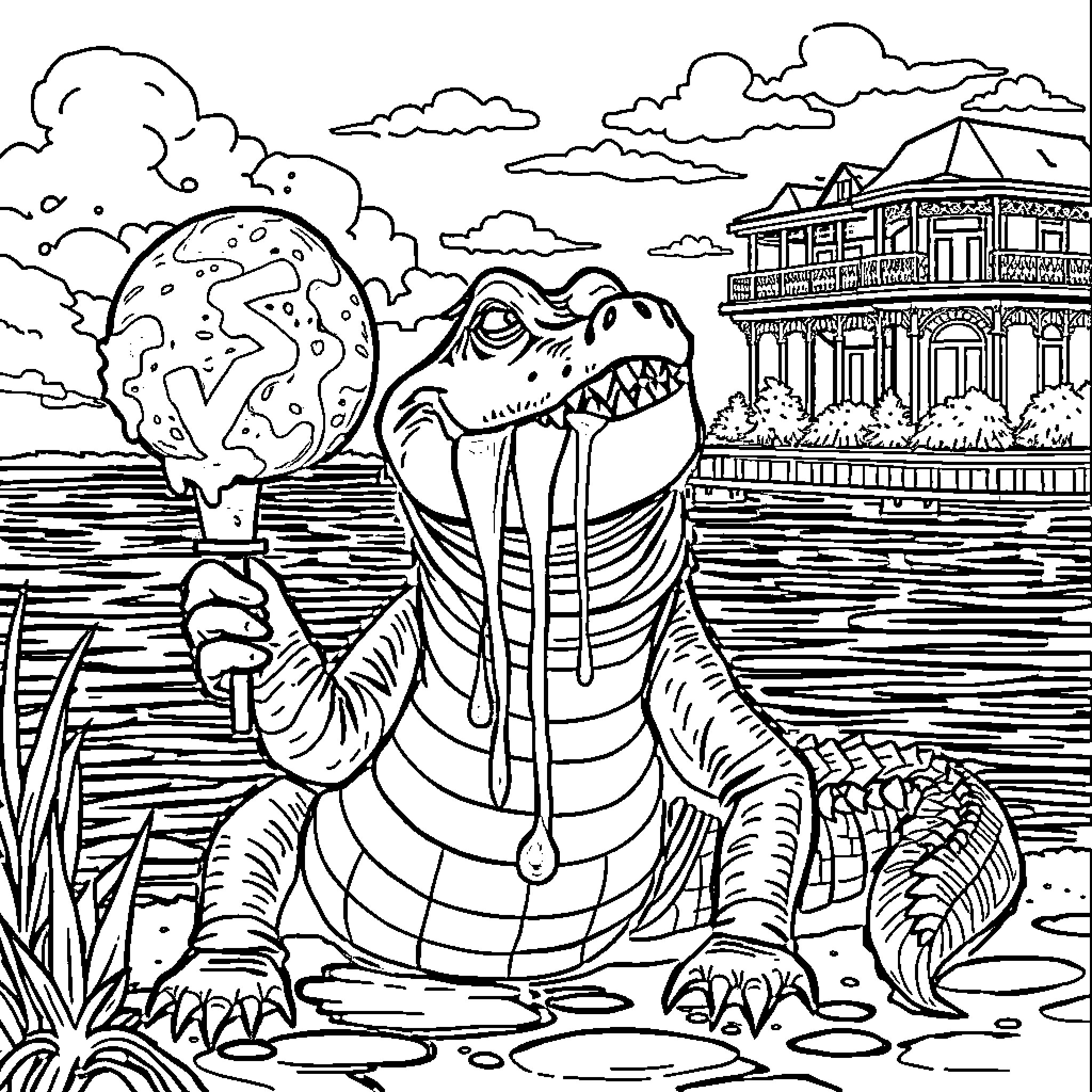 Alligator Lounging by the Mansion Coloring Page (free black-and-white line drawing printable PDF for all, from beginners to advanced learners, including children, teens, adults, and seniors)